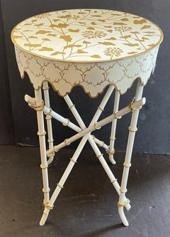 Wonderful Petite Bamboo Round Painted Chinoiserie Tole Scalloped Side End Table