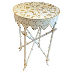 Wonderful Petite Bamboo Round Painted Chinoiserie Tole Scalloped Side End Table