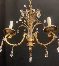 Wonderful Petite Crystal Drop Gold Palm  Leaf Beaded Tole Chandelier Fixture