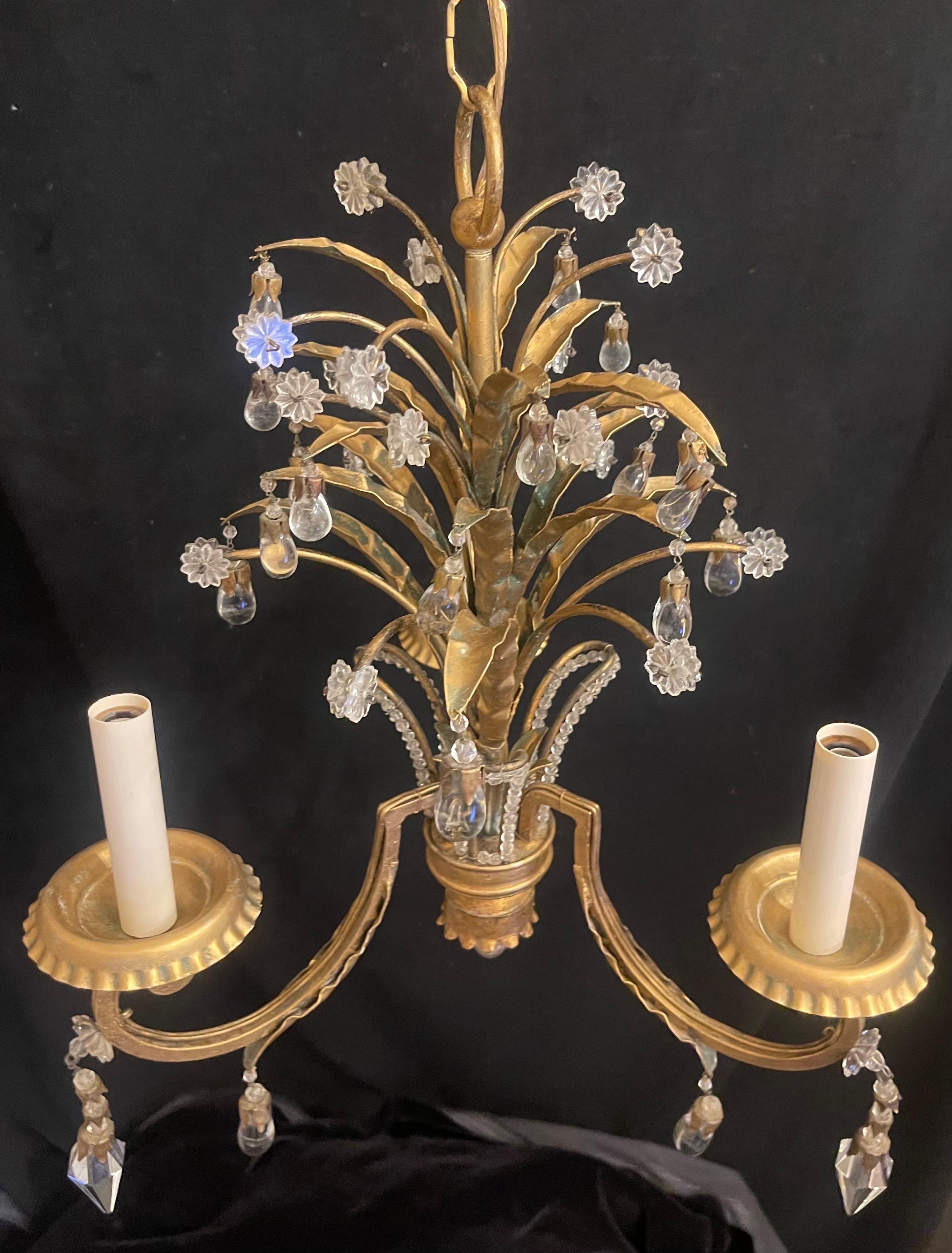 Wunderschöne kleine Kristall-Tropfen-Goldpalme  Blatt Perlen Tole Kronleuchter Fixture (Belle Époque) im Angebot