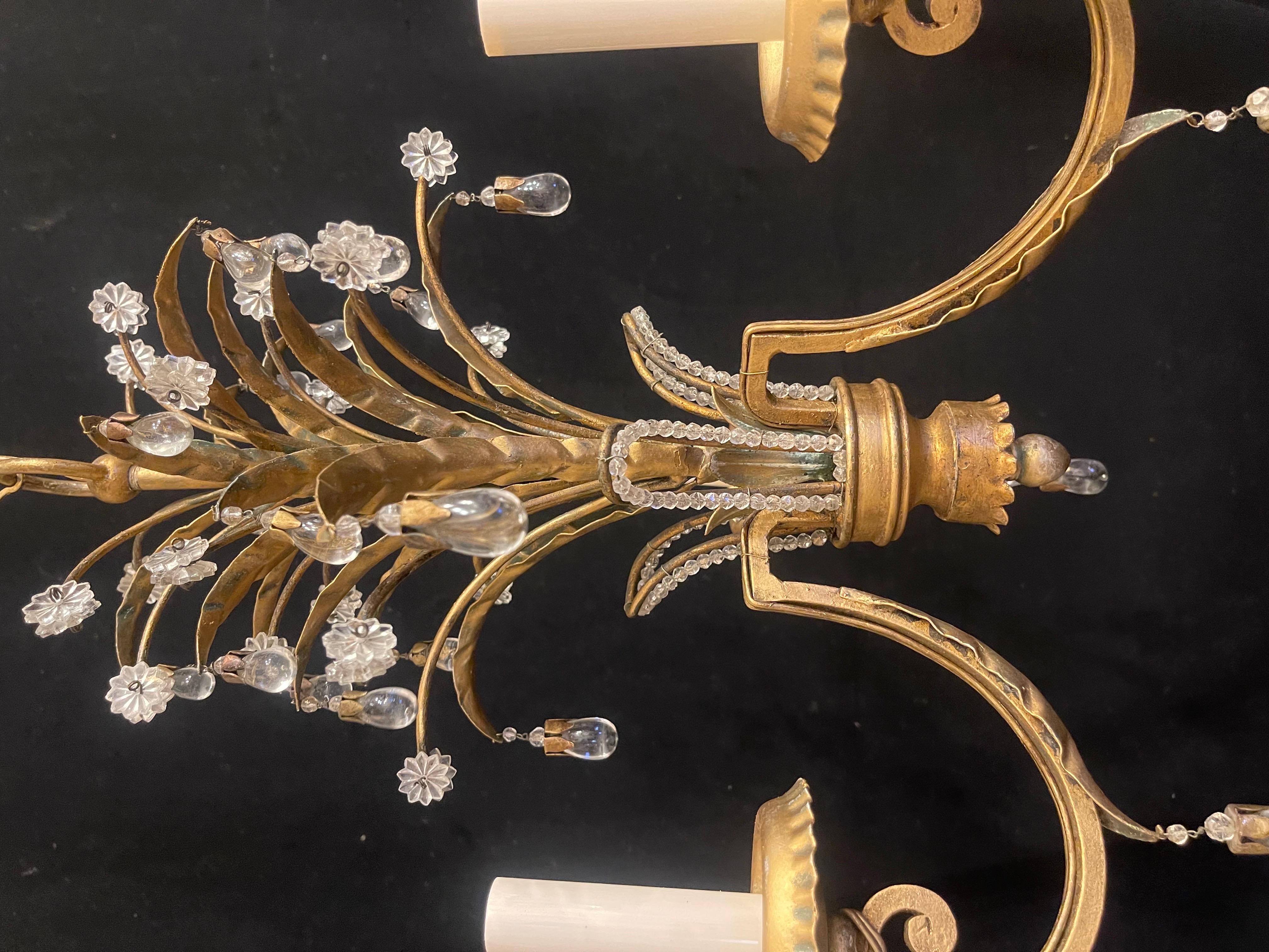 Wunderschöne kleine Kristall-Tropfen-Goldpalme  Blatt Perlen Tole Kronleuchter Fixture (Vergoldet) im Angebot