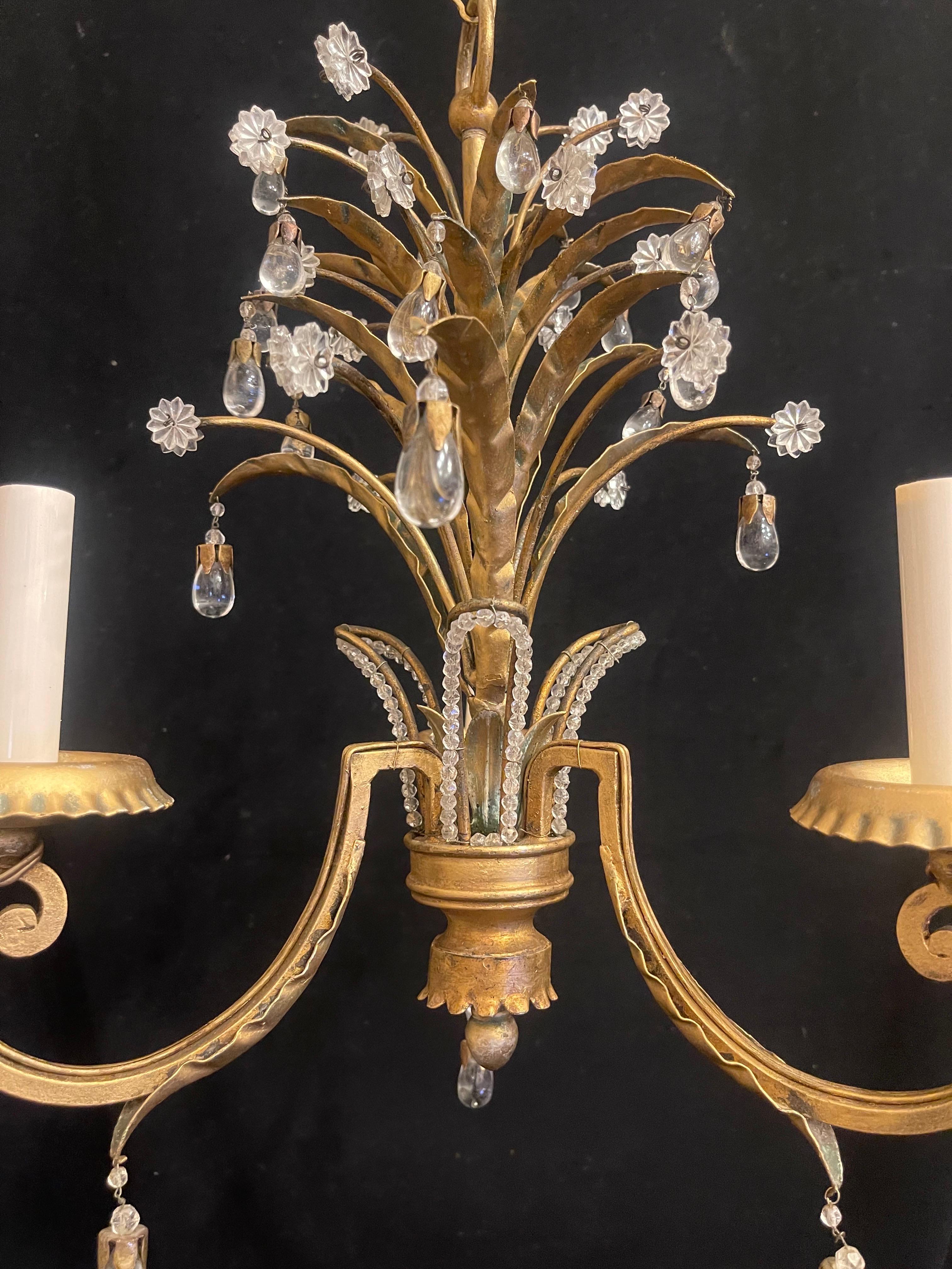 Gilt Wonderful Petite Crystal Drop Gold Palm  Leaf Beaded Tole Chandelier Fixture For Sale