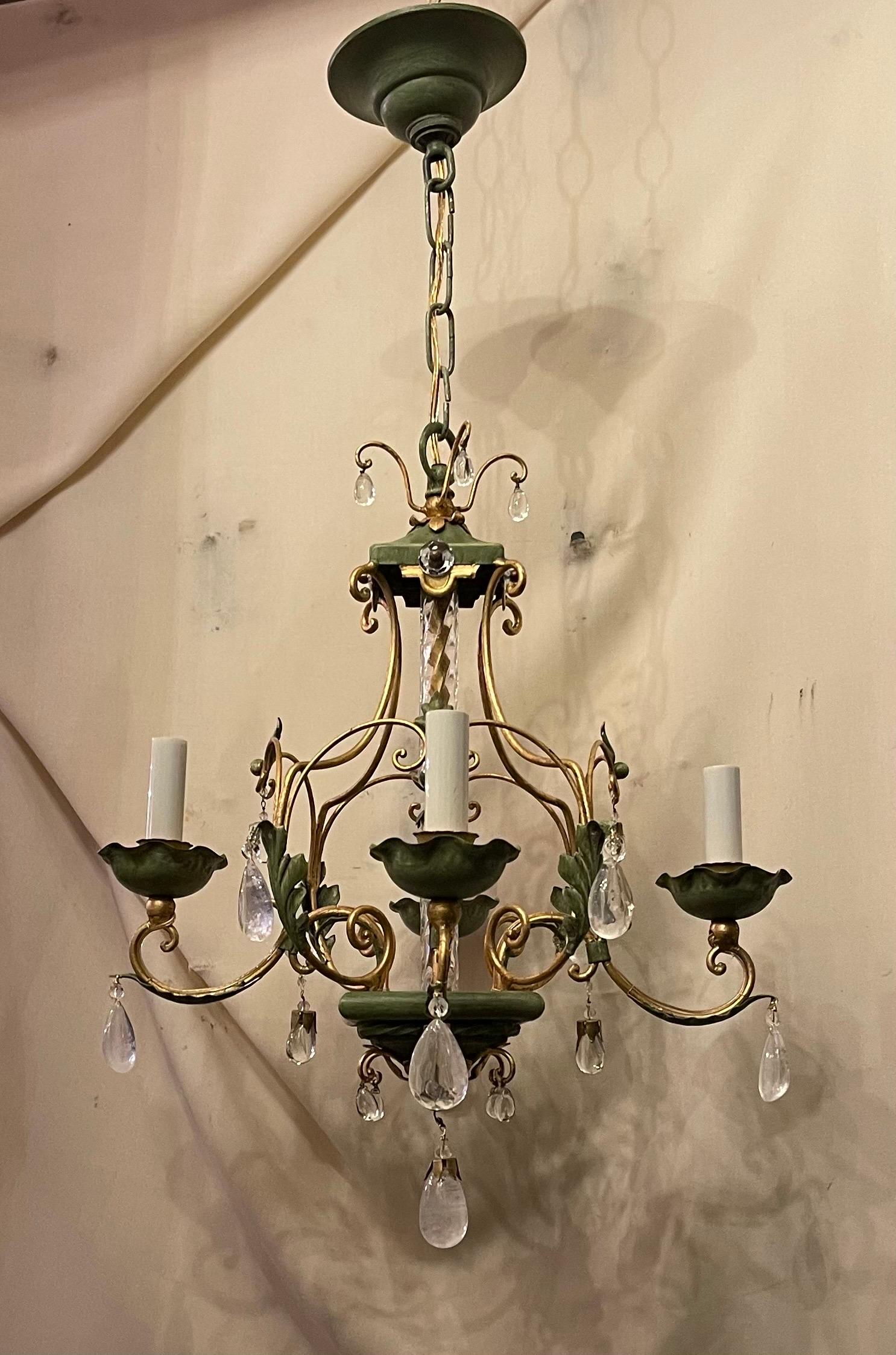 A Wonderful Petite Four Candelabra Light Maison Baguès Style Rock Crystal / Crystal Drop With Beading, Hand Painted Soft Green Tole French Birdcage  Chandelier With Swirl Crystal Center Shaft And Finished With A Rock Crystal Tear Drop.
Completely