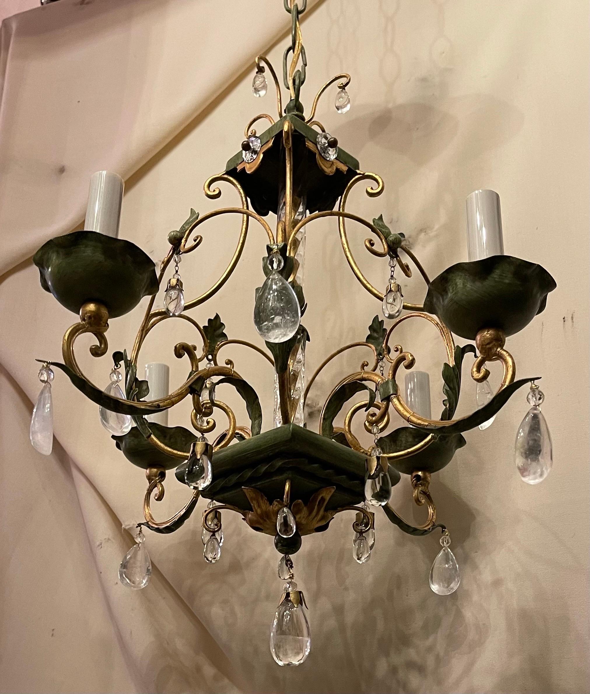Wonderful Petite Four Light Maison Baguès Rock Crystal Tole French Chandelier In Good Condition For Sale In Roslyn, NY