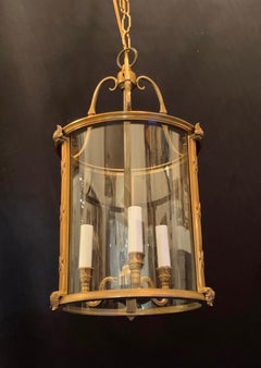 Wonderful Petite Gilt Bronze Readed X-Pattern Curved Glass Lantern Fixture