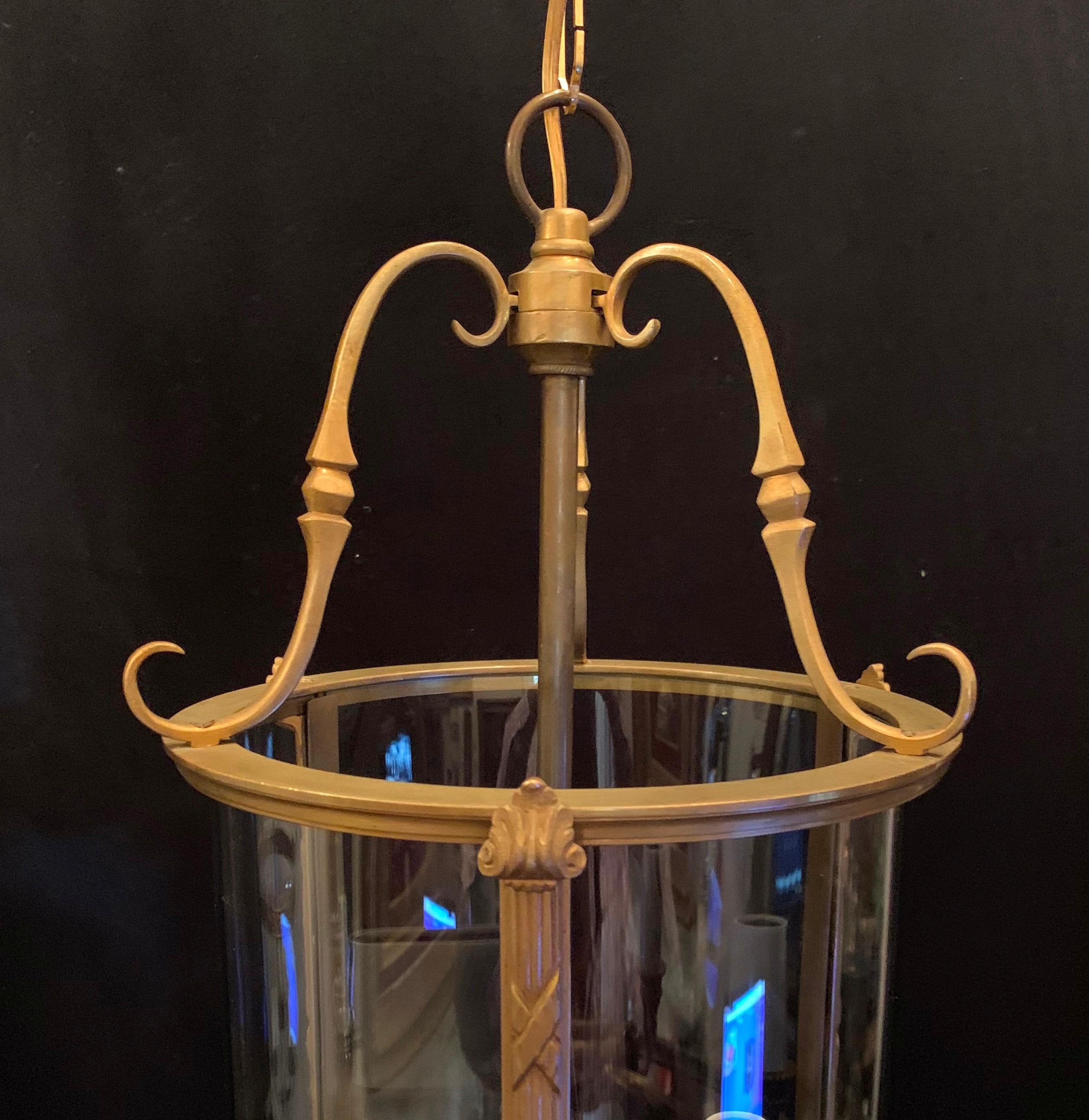 20th Century Wonderful Petite Gilt Bronze Readed X-Pattern Curved Glass Lantern Fixture