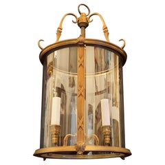 Wonderful Petite Gilt Bronze Readed X-Pattern Curved Glass Lantern Fixture
