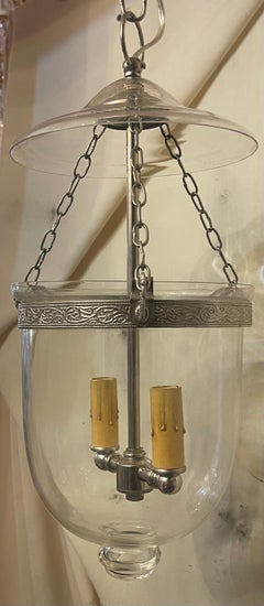 Wonderful Petite Nickel Brass Blown Laurel Glass Bell Jar Lantern Light Fixture