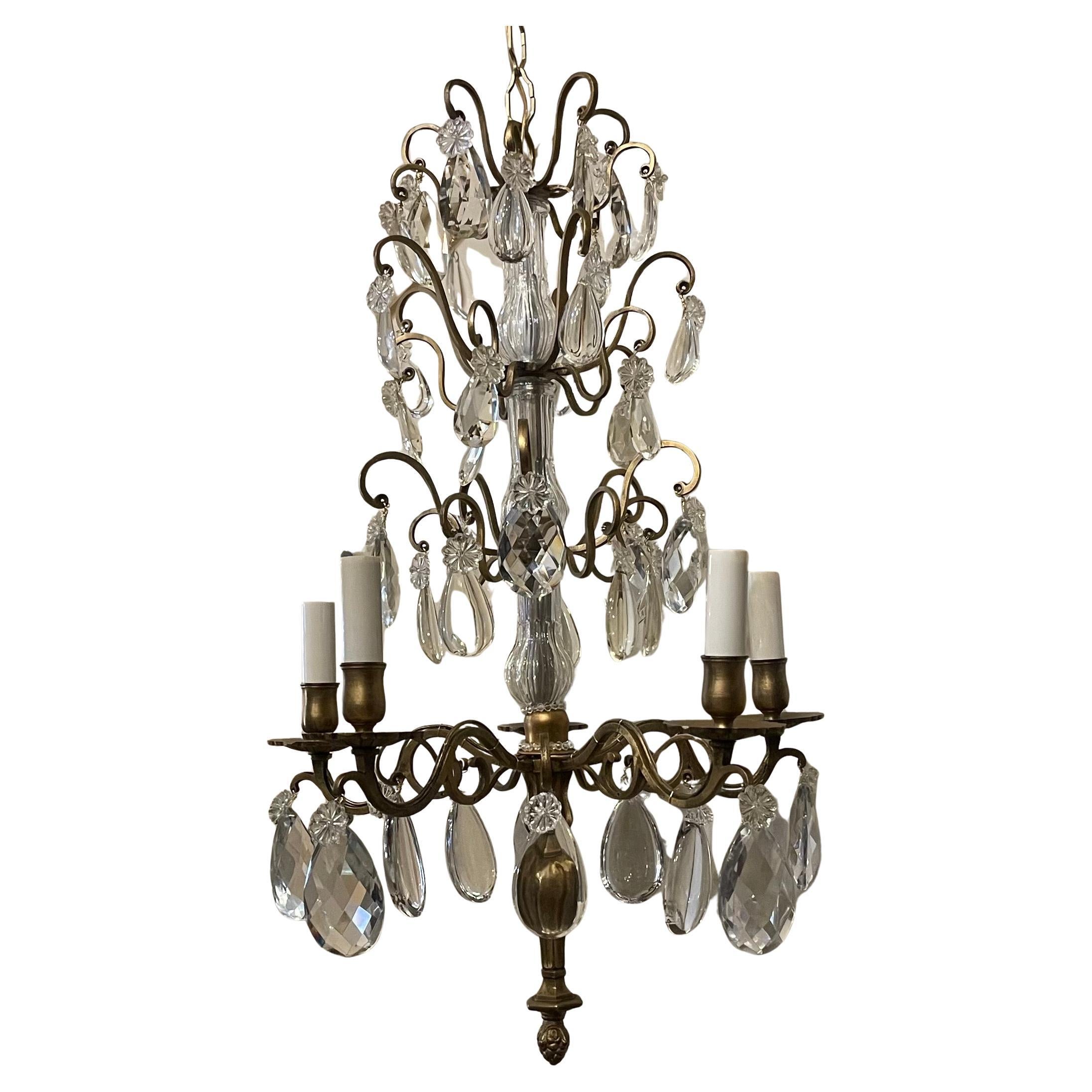 Wonderful Petite Pair Five Light French Gilt Bronze Flower Crystal Chandeliers
