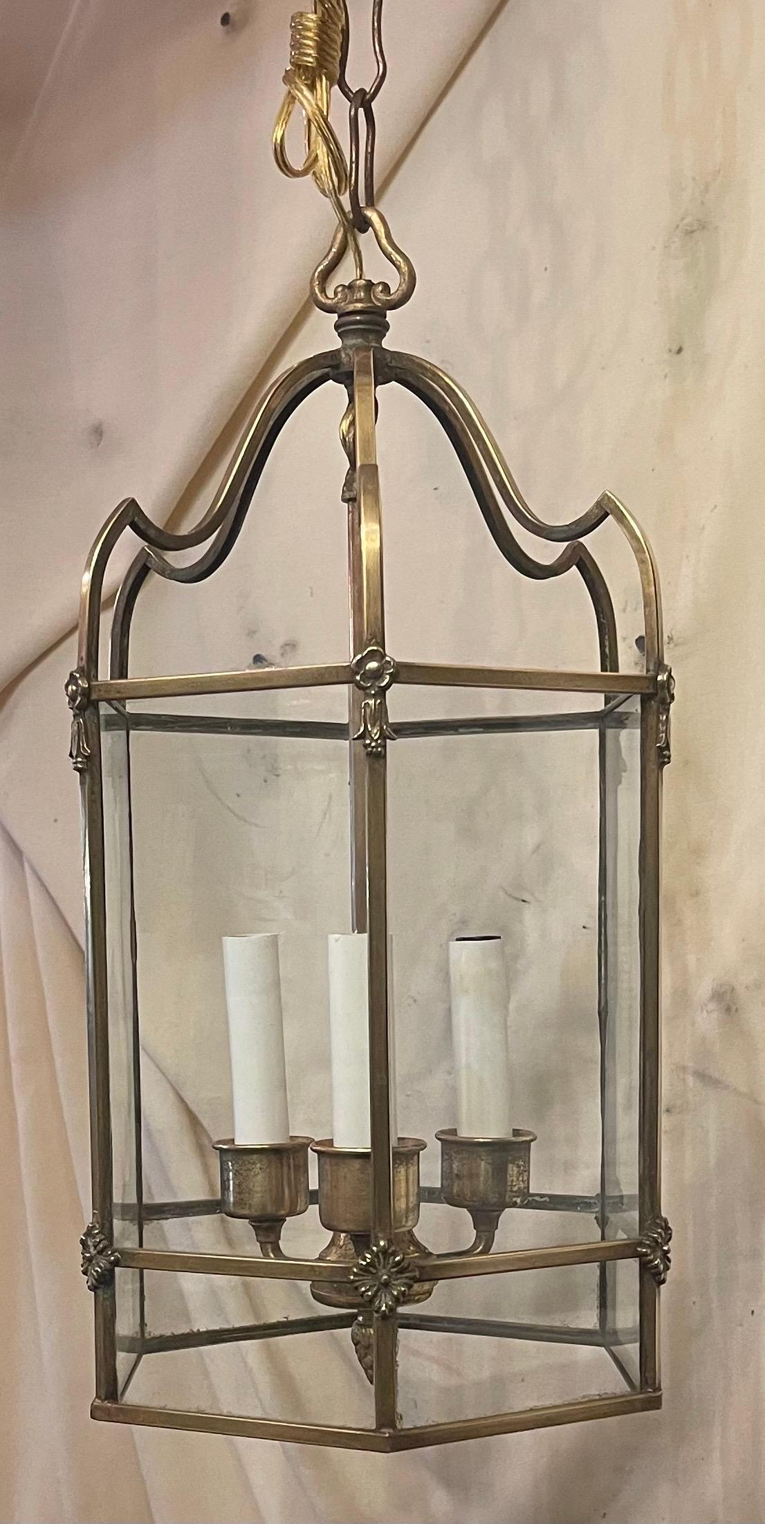A Wonderful Petite Regency Style Bronze / Brass Octagonal Glass Panel 3 Candelabra Light Lantern Fixture 