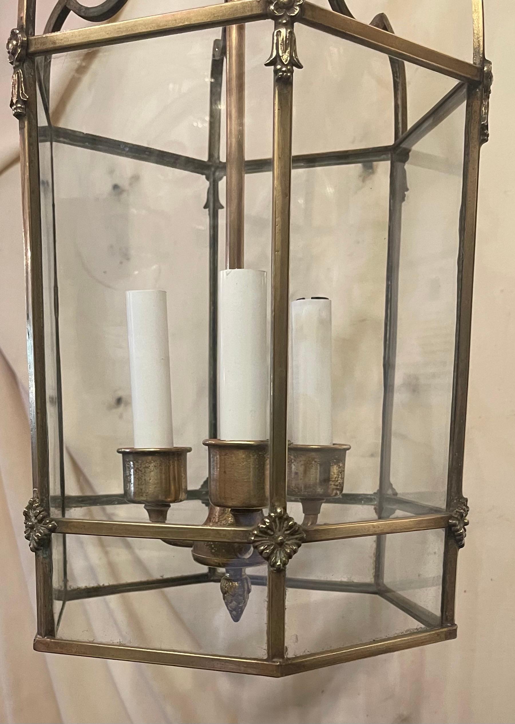 Wonderful Petite Regency Bronze Octagonal Brass Glass Panel Lantern Fixture In Good Condition For Sale In Roslyn, NY