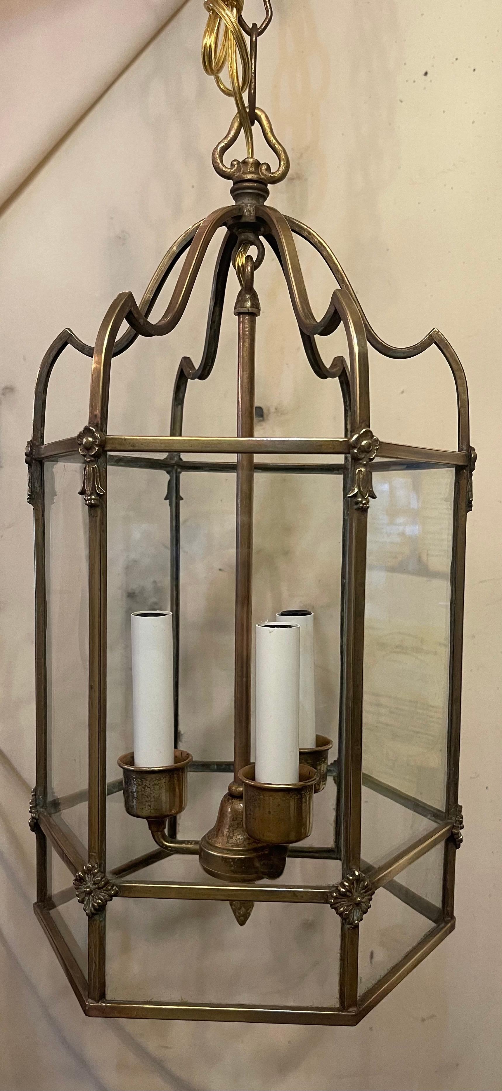 20th Century Wonderful Petite Regency Bronze Octagonal Brass Glass Panel Lantern Fixture For Sale