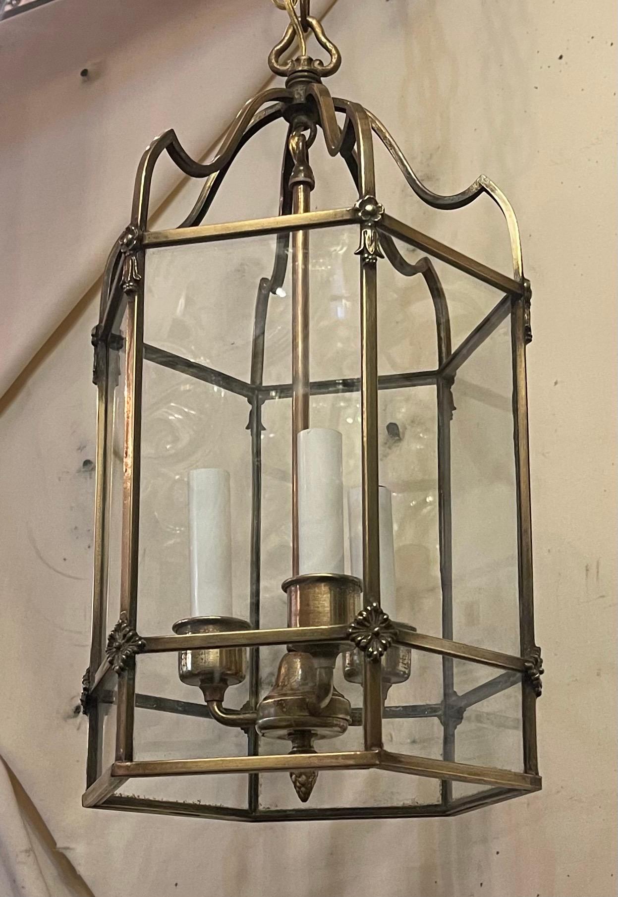Wonderful Petite Regency Bronze Octagonal Brass Glass Panel Lantern Fixture For Sale 1