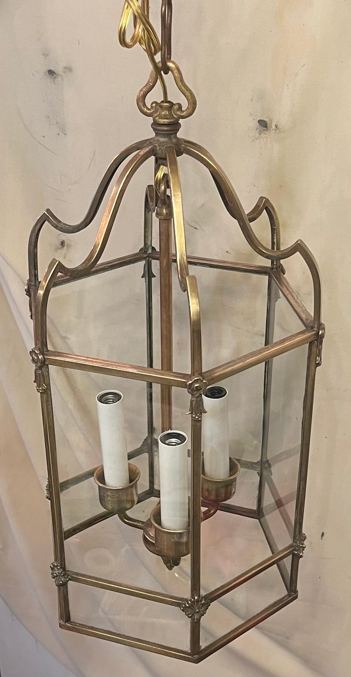 Wonderful Petite Regency Bronze Octagonal Brass Glass Panel Lantern Fixture For Sale 2