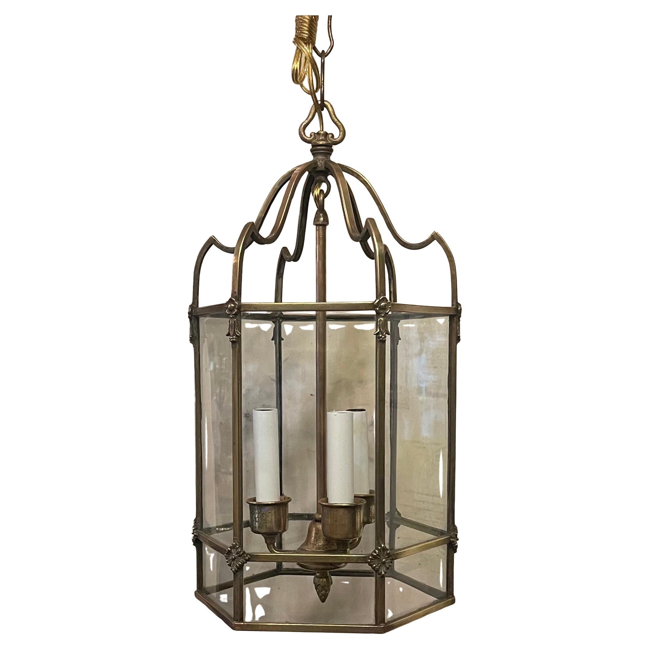 Wonderful Petite Regency Bronze Octagonal Brass Glass Panel Lantern Fixture