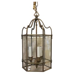 Wonderful Petite Regency Bronze Octagonal Brass Glass Panel Lantern Fixture
