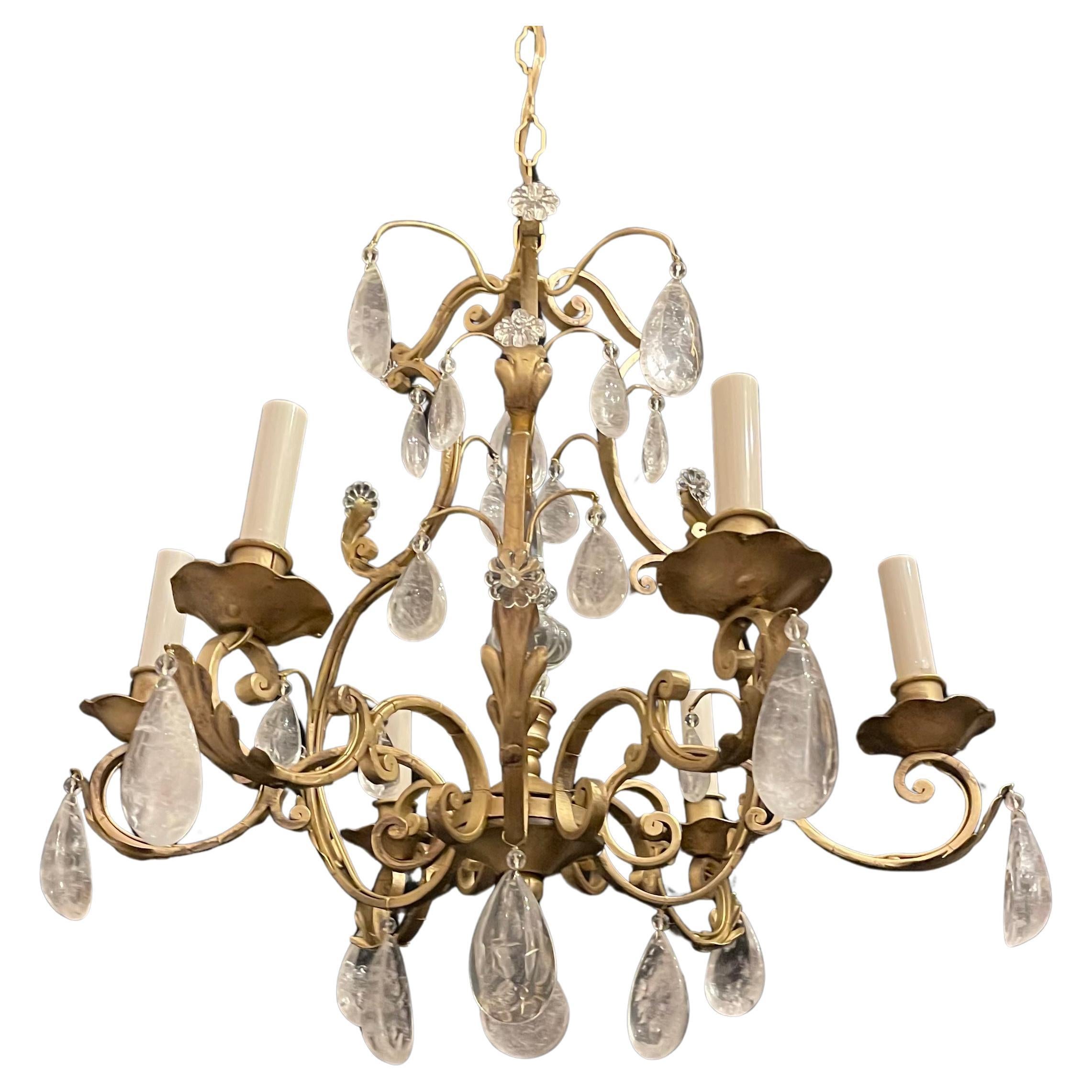 A Wonderful Petite Six Candelabra Light Maison Baguès Style Rock Crystal Gold Gilt French Bird Cage Chandelier, Completely Rewired With New Sockets For US Accompanied By Chain, Canopy And Mounting Hardware For Installation.