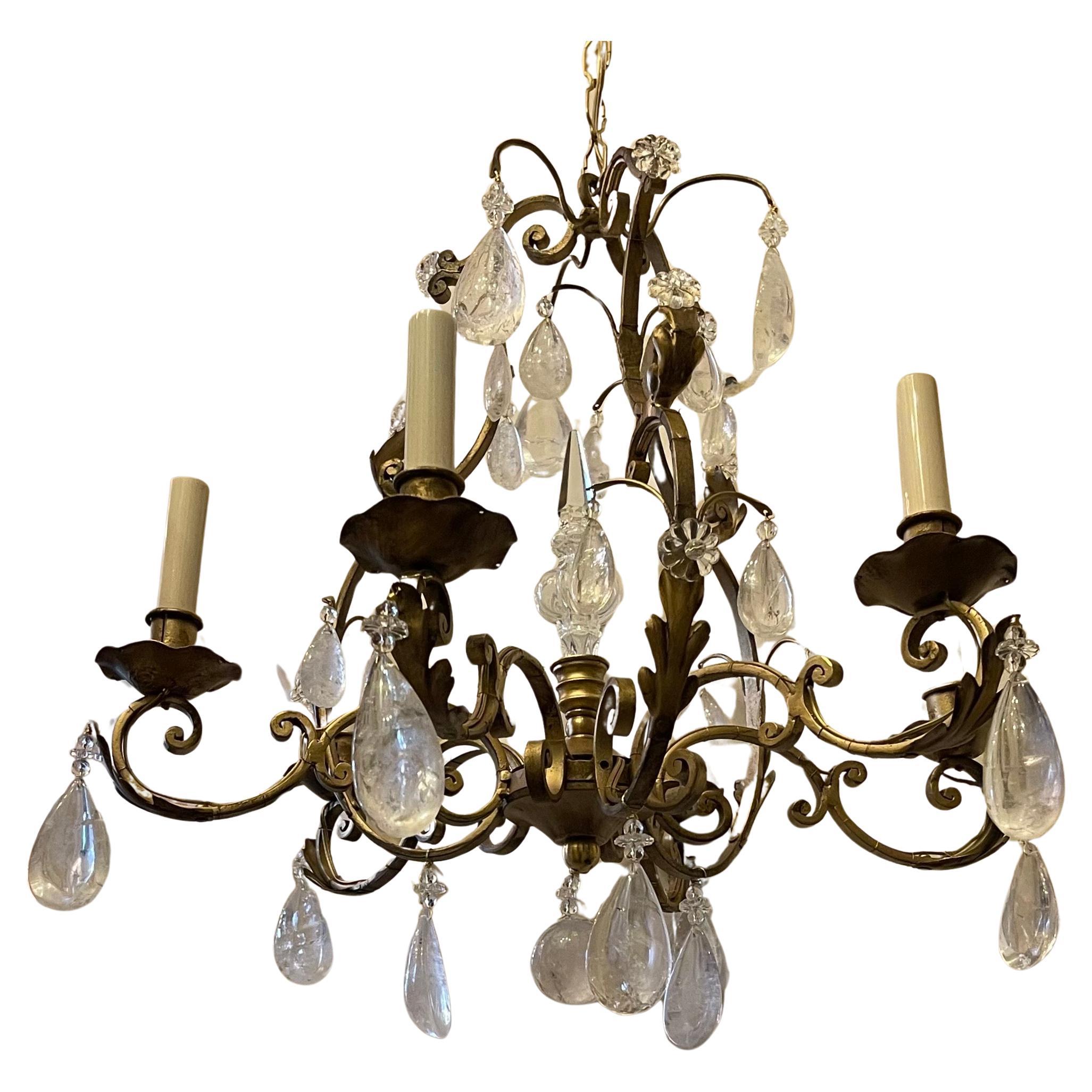 A Wonderful Petite Six Candelabra Light In The Style & Manor Of Baguès With Rock Crystal Drops Suspended From A Gold Gilt French Bird Cage Chandelier Frame, Completely Rewired With New Sockets For US Accompanied By Chain, Canopy And Mounting