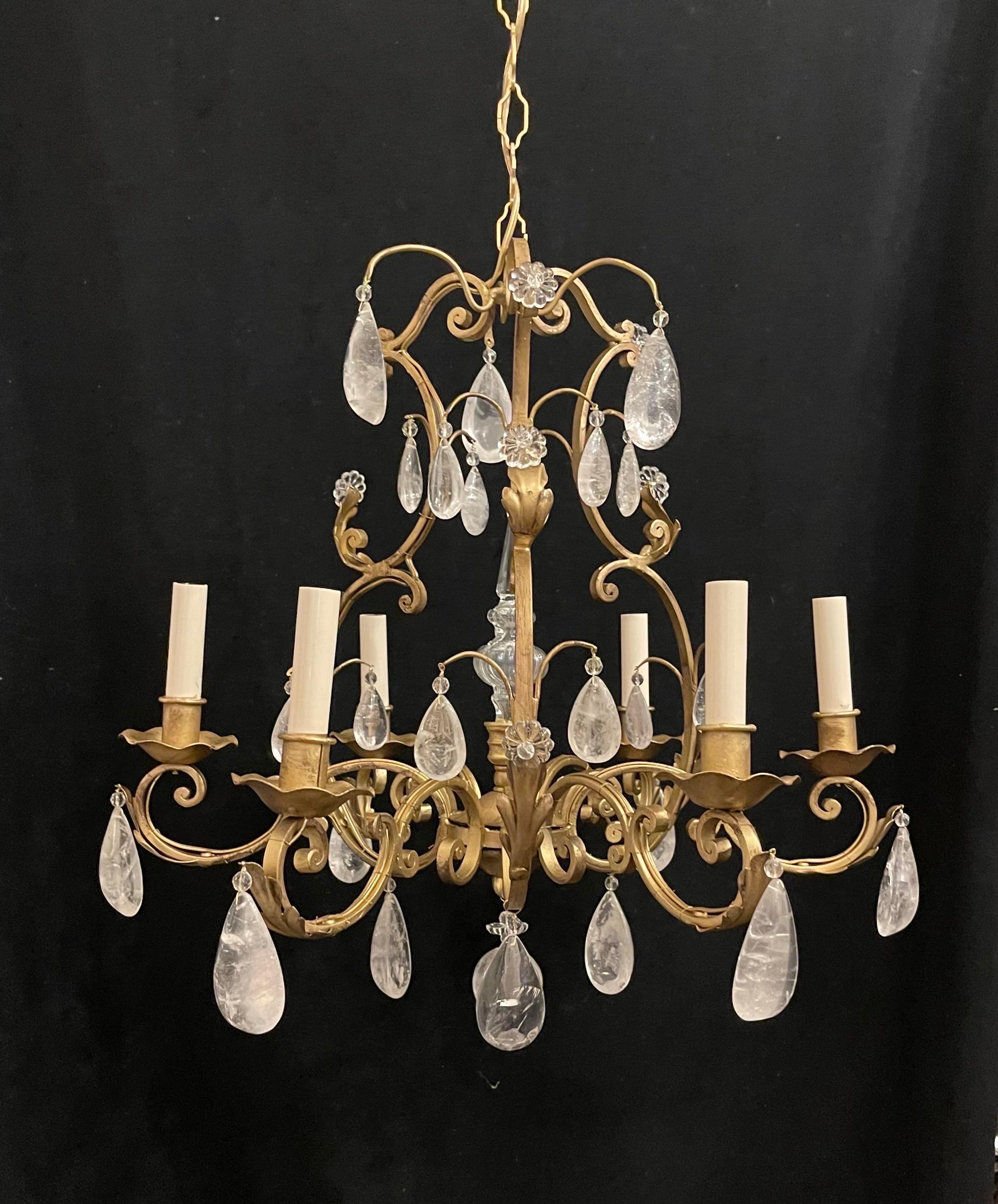 Wonderful Petite Six Light Maison Baguès Rock Crystal Gilt French Chandelier In Good Condition In Roslyn, NY