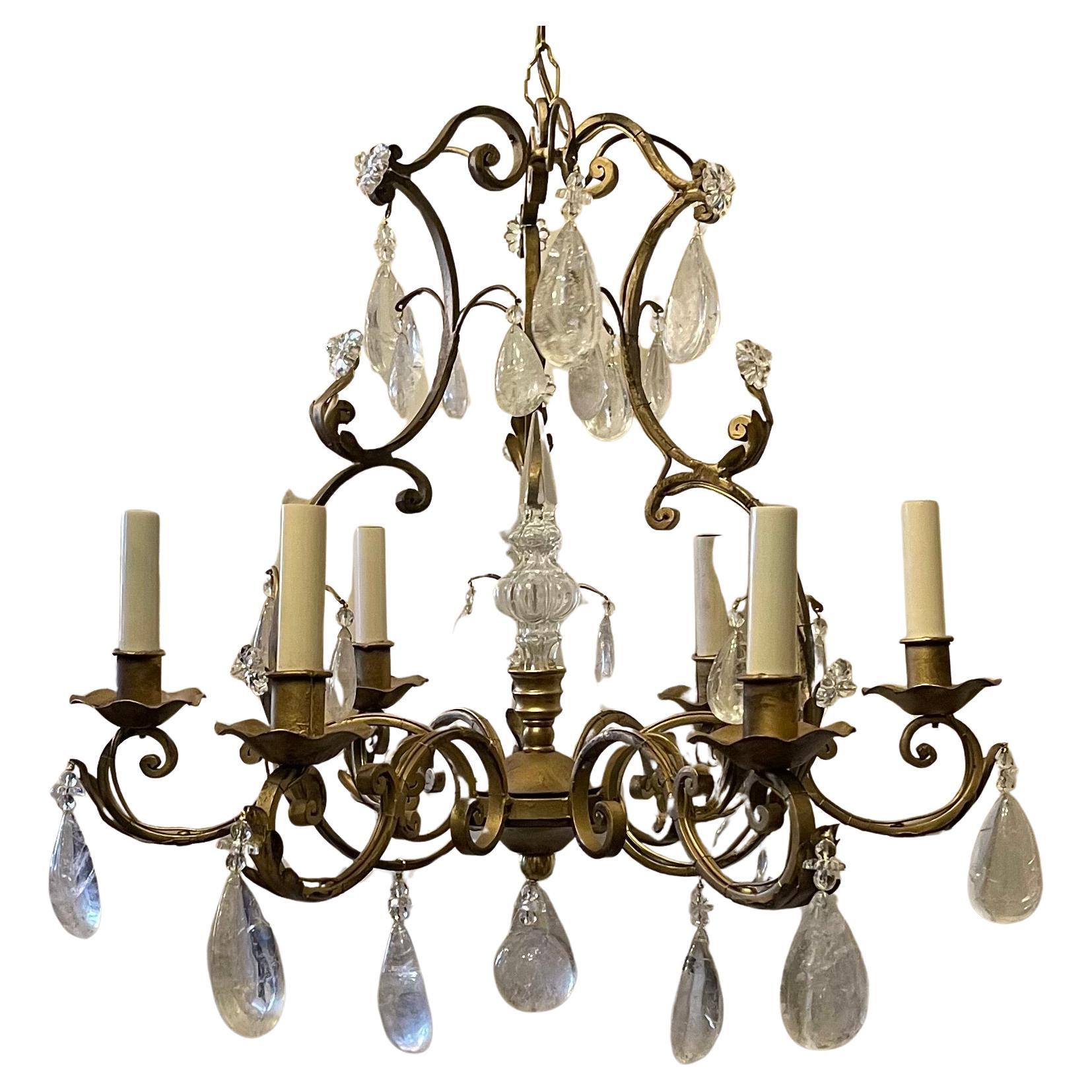 Wonderful Petite Six Light Maison Baguès Rock Crystal Gilt French Chandelier In Good Condition For Sale In Roslyn, NY