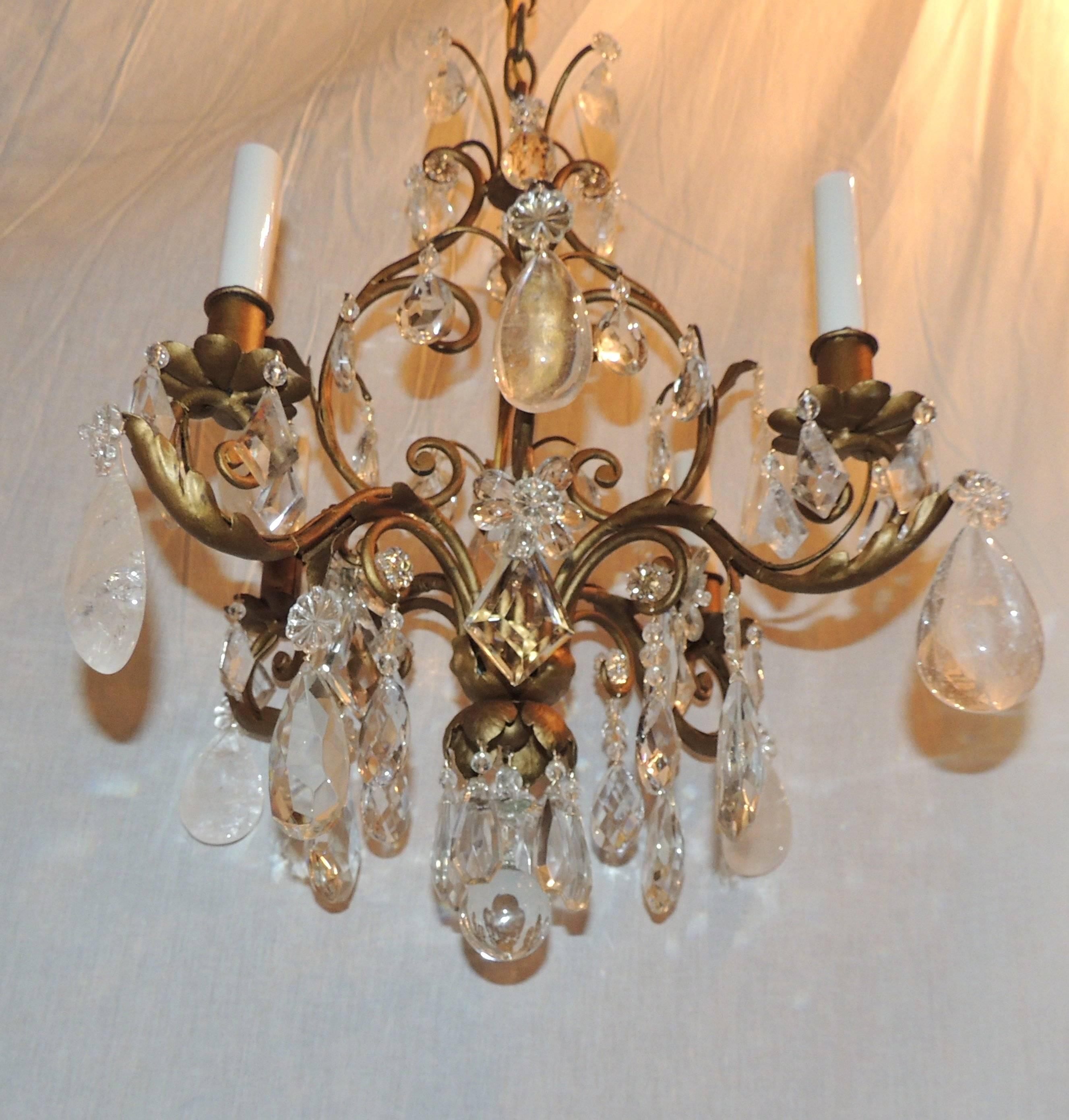 Wonderful Petite Vintage Baguès / Jansen Style Gilt Rock Crystal Chandelier Fixture With Scroll Decorative Body, Floral Accents And Clear And Rock Crystal Drops.

Measures: 18