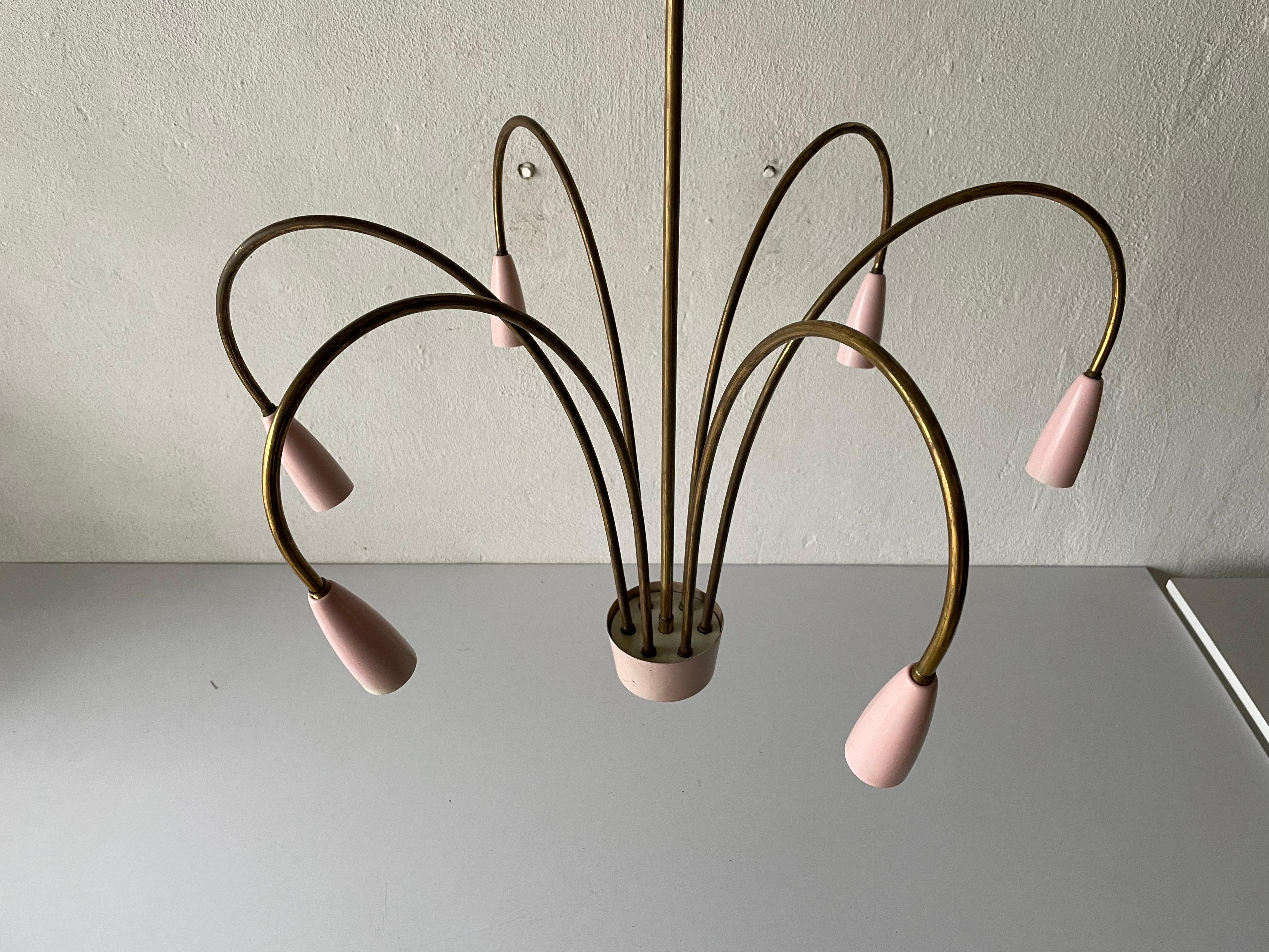 Wonderful Pink Metal and Brass 6 Armed XL Sputnik chandelier, 1950s, Italy

Minimalist and rare design. 

Lampshade is in good condition and clean. 
This lamp works with 6xE14 light bulbs. 
Max 100W Wired and suitable to use with 220V and 110V