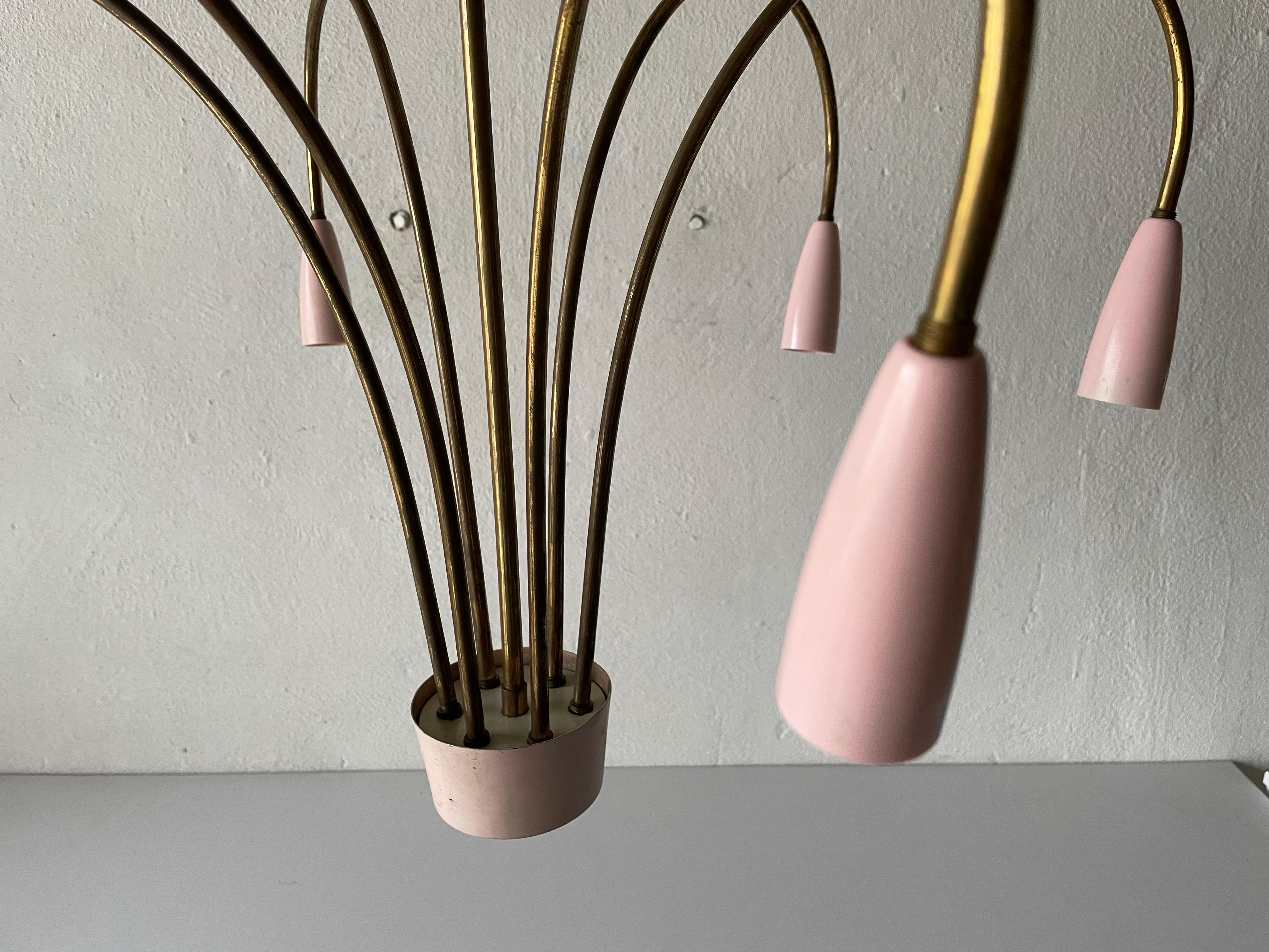 Mid-Century Modern Wonderful Pink Metal and Brass 6 Armed XL Sputnik Chandelier, 1950s, Italy For Sale
