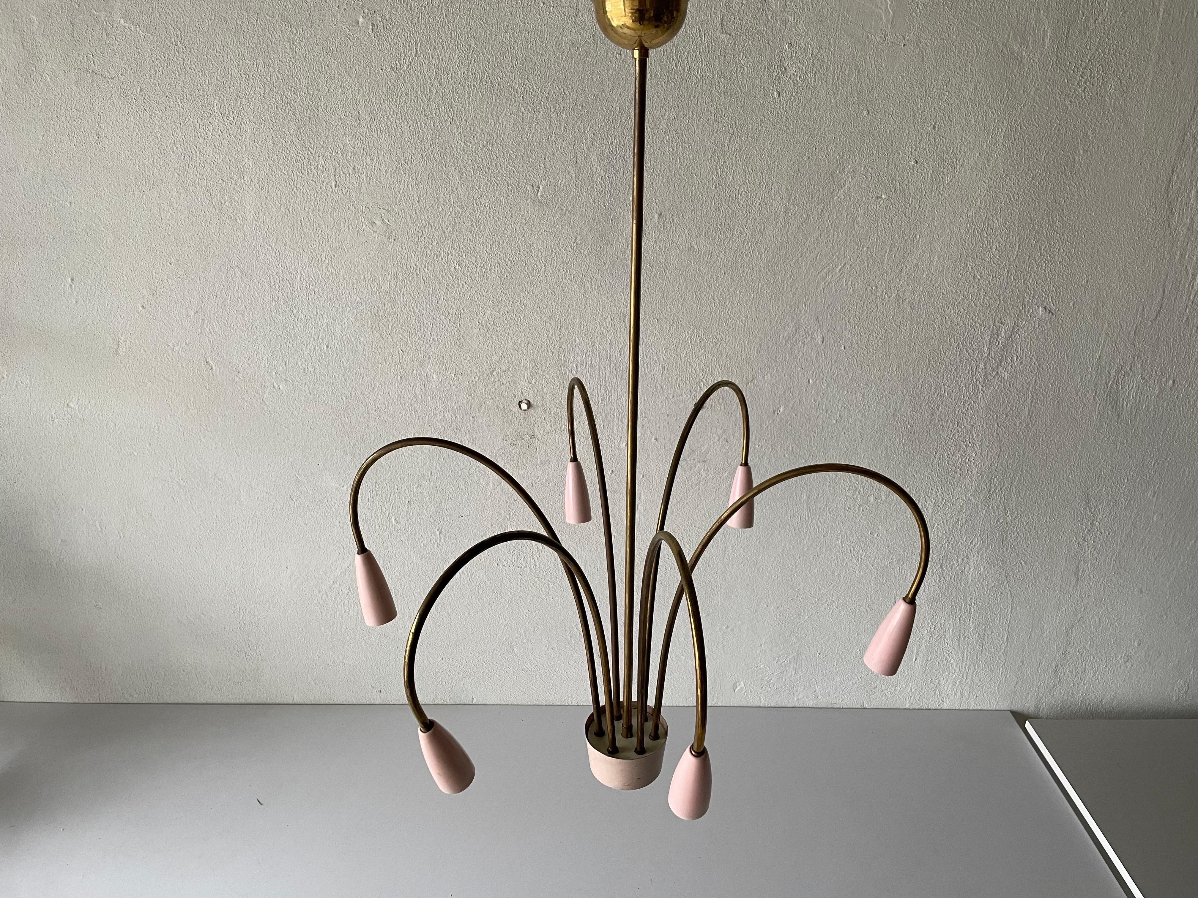 Wonderful Pink Metal and Brass 6 Armed XL Sputnik Chandelier, 1950s, Italy In Good Condition For Sale In Hagenbach, DE