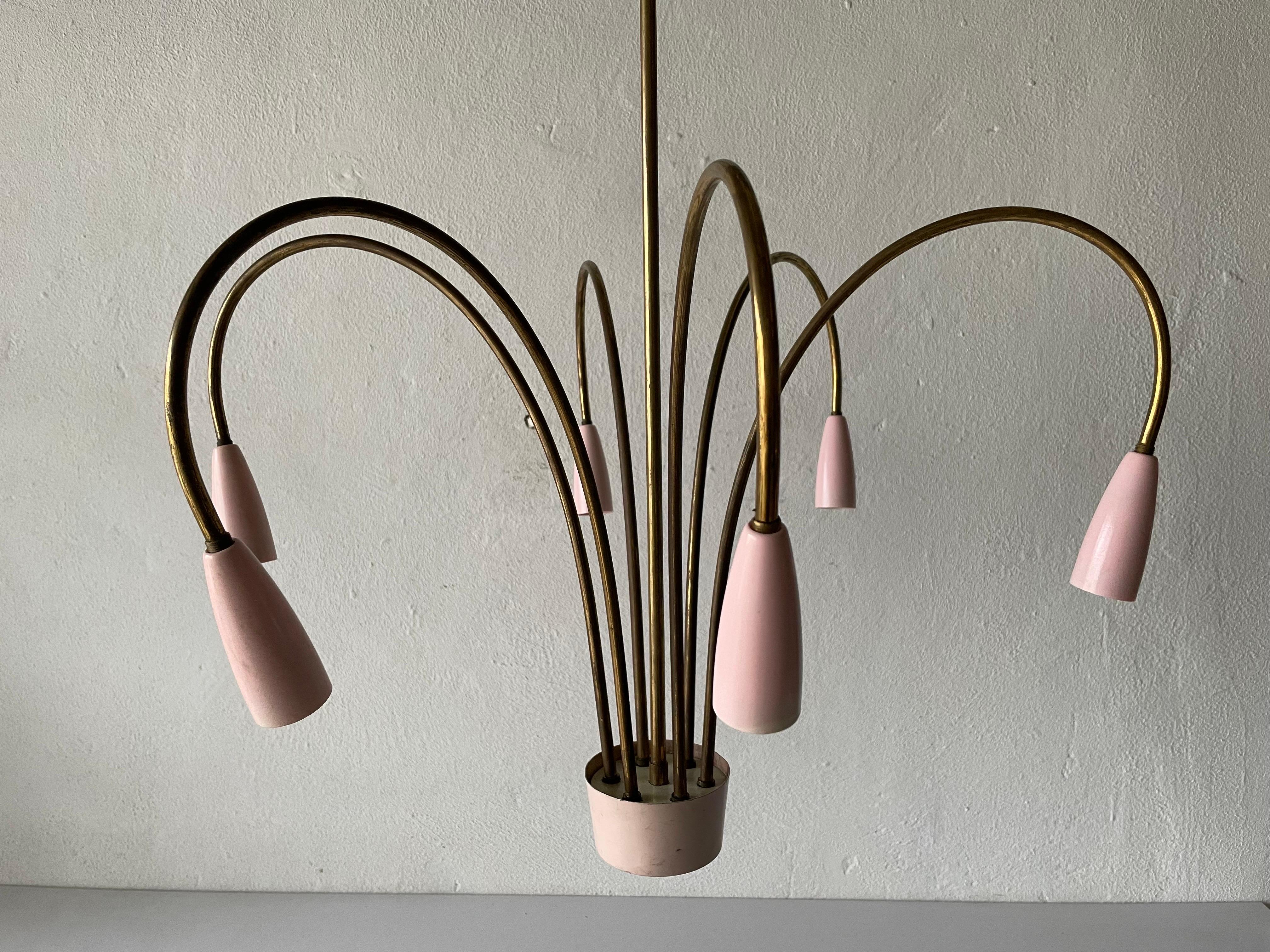 Mid-20th Century Wonderful Pink Metal and Brass 6 Armed XL Sputnik Chandelier, 1950s, Italy For Sale