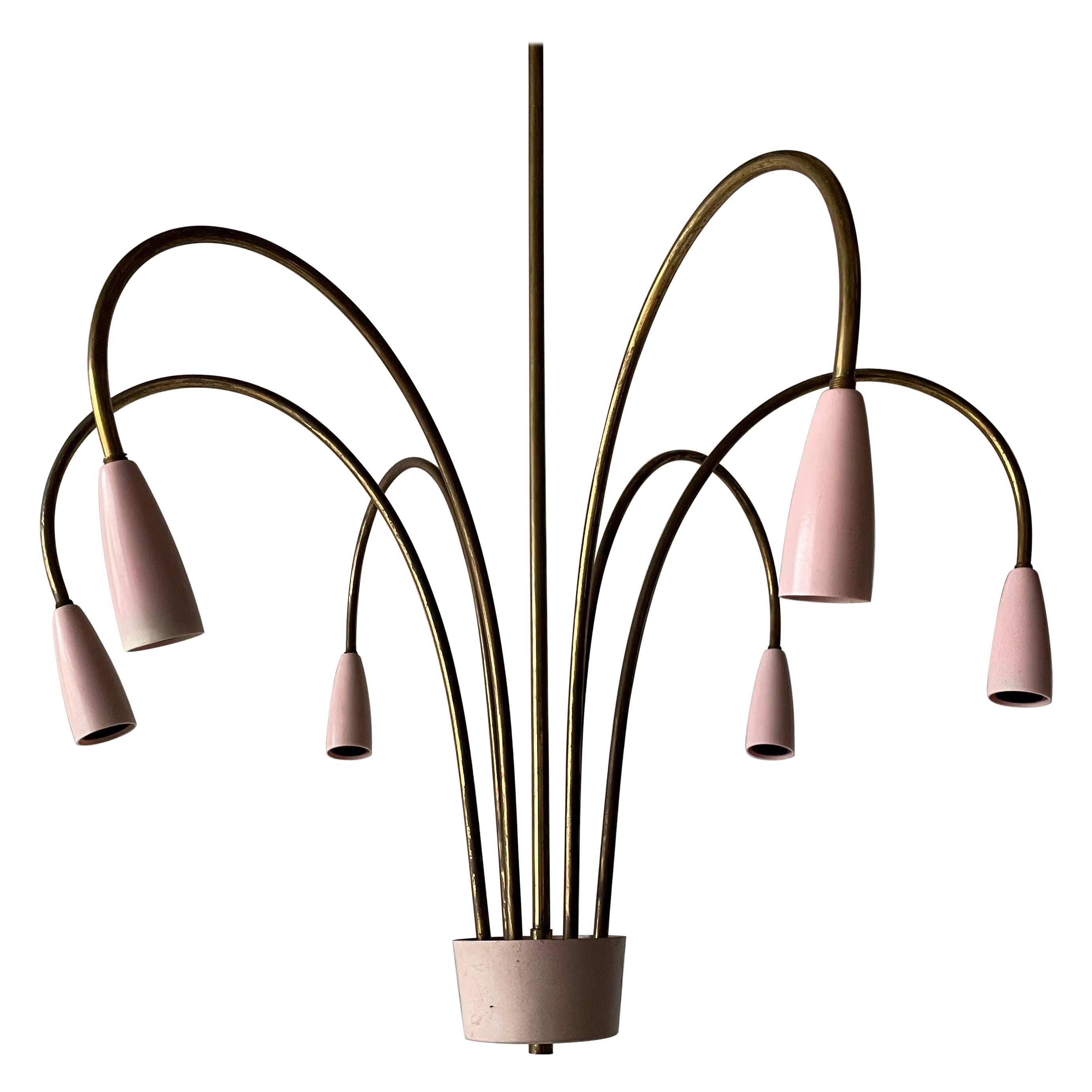 Magnifique lustre Spoutnik XL à 6 branches en métal rose et laiton, années 1950, Italie
