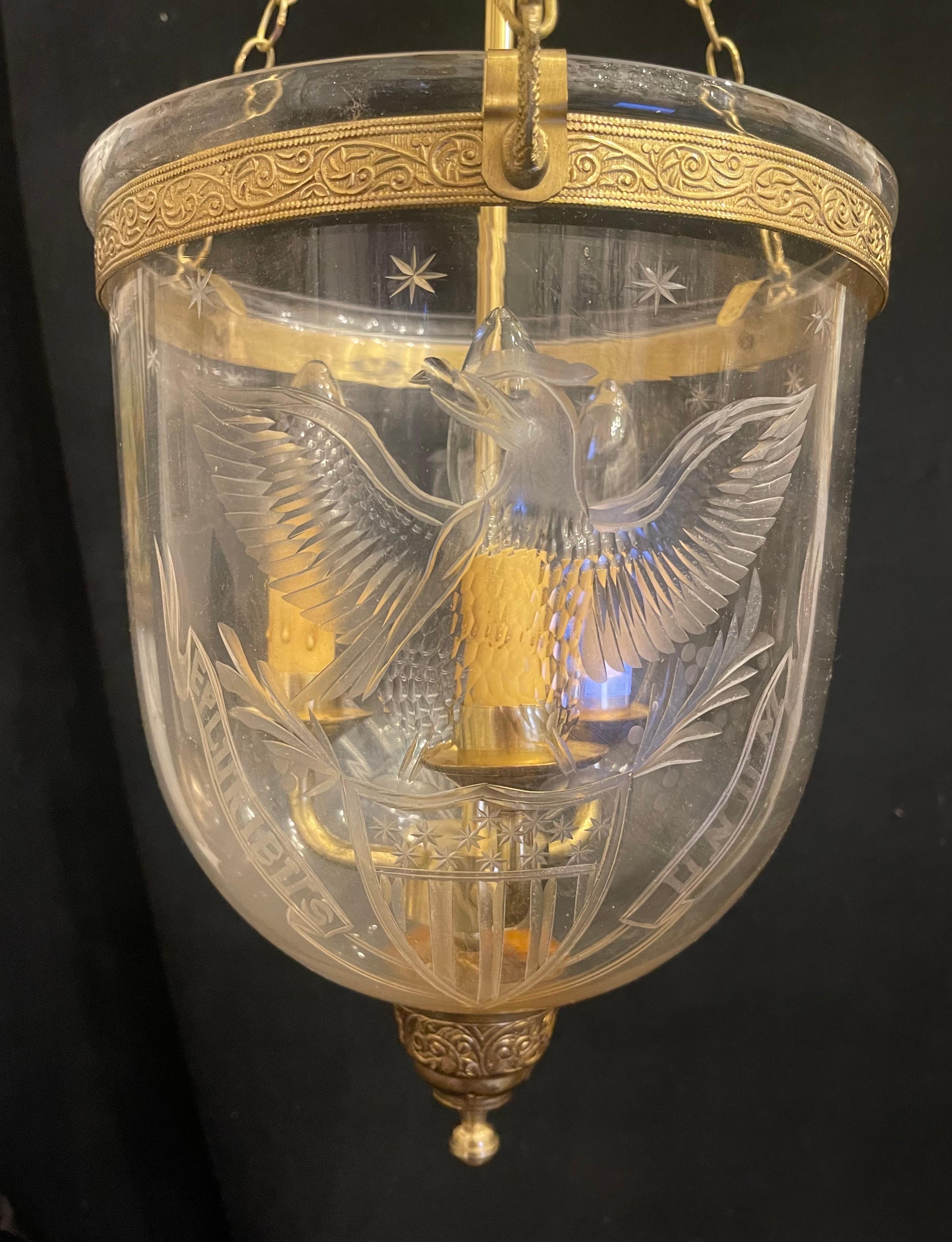 American Wonderful Pluribus Unum Eagle Star Brass Glass Bell Jar 3-Light Lantern Fixture