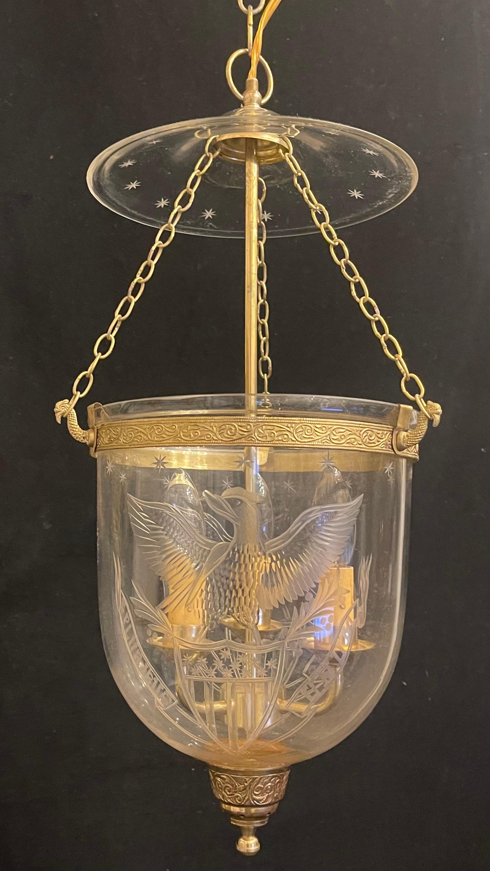 Etched Wonderful Pluribus Unum Eagle Star Brass Glass Bell Jar 3-Light Lantern Fixture