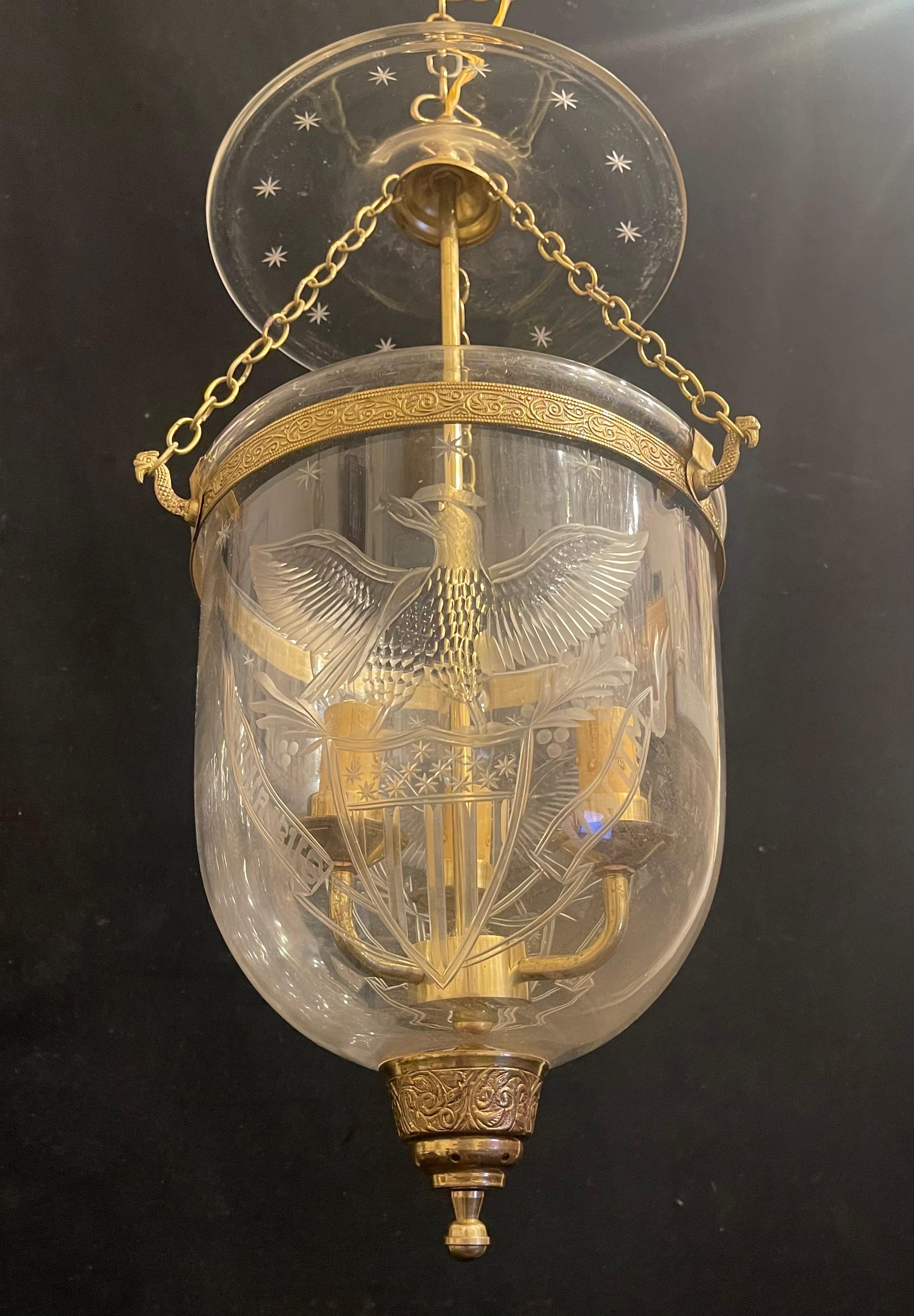 Wonderful Pluribus Unum Eagle Star Brass Glass Bell Jar 3-Light Lantern Fixture In Good Condition In Roslyn, NY