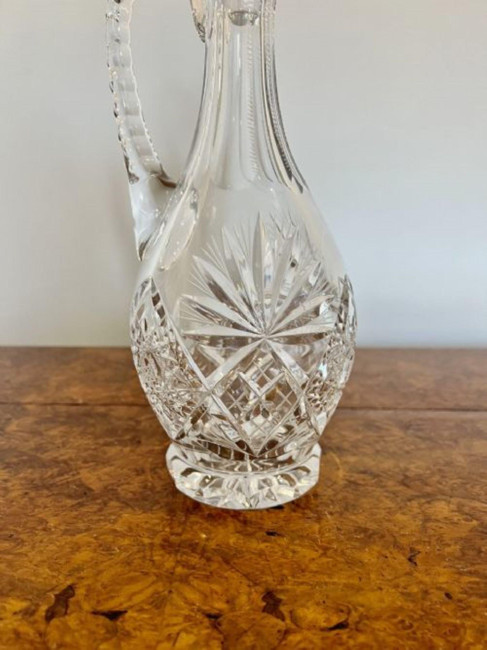Wonderful quality antique Edwardian cut glass decanter, having a quality shaped cut glass decanter with a shaped handle and original glass stopper. 

