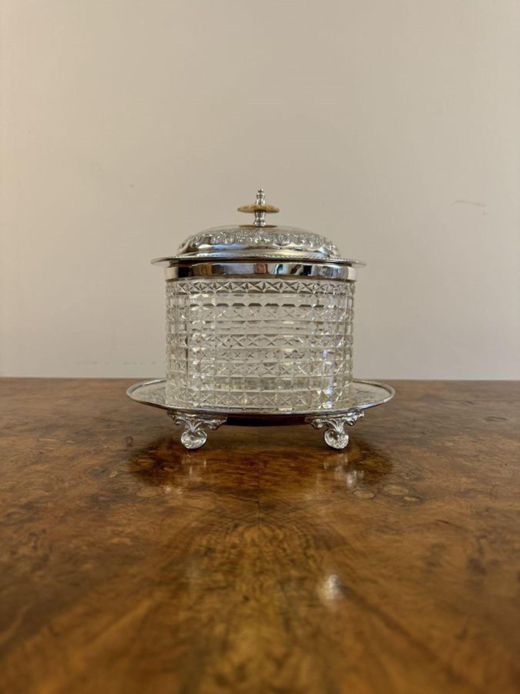 Wonderful quality antique Edwardian cut glass silver plated biscuit barrel, having a quality cut glass biscuit barrel with a silver plated rim and ornate silver plated lift off lid on an ornate silver plated stand raised on three shaped feet. 

D.