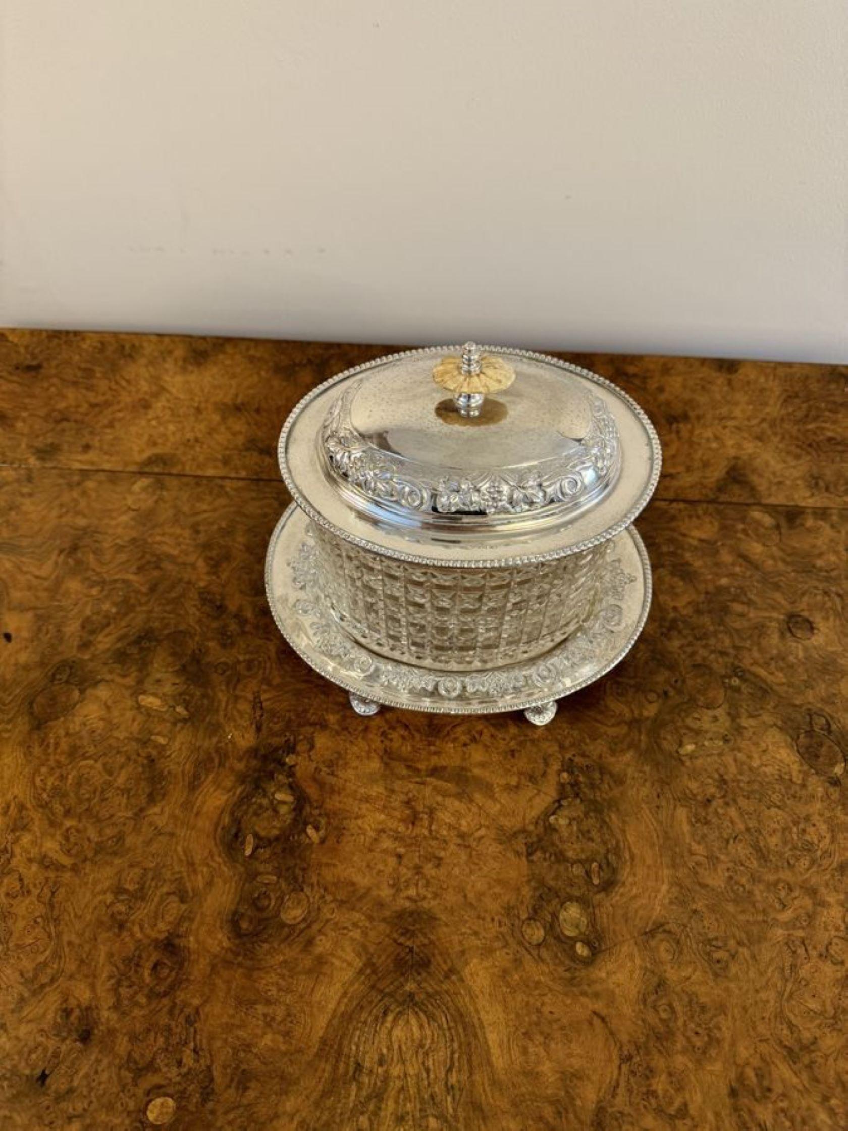Silver Plate Wonderful quality antique Edwardian cut glass silver plated biscuit barrel  For Sale