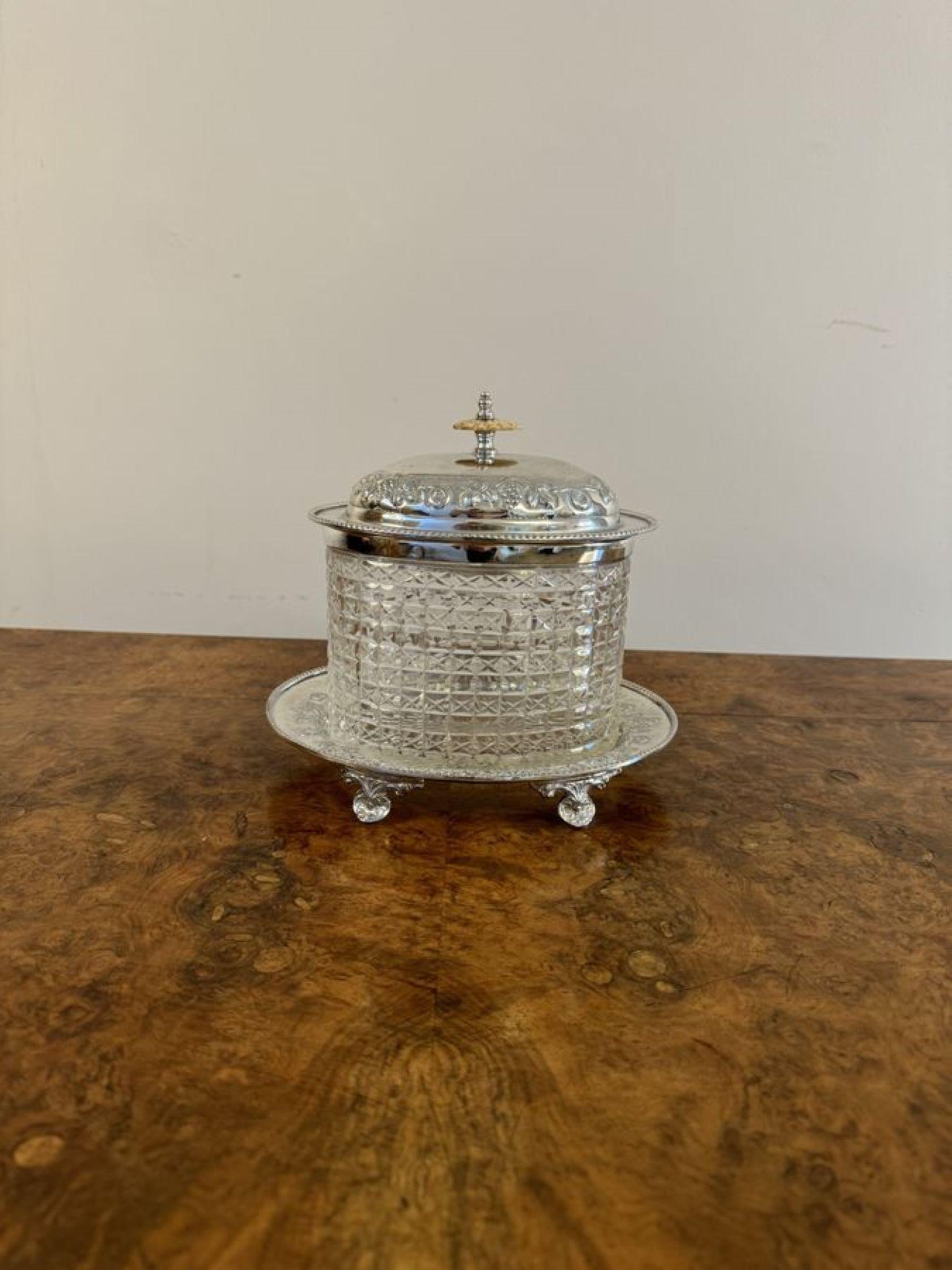 Wonderful quality antique Edwardian cut glass silver plated biscuit barrel  For Sale 1