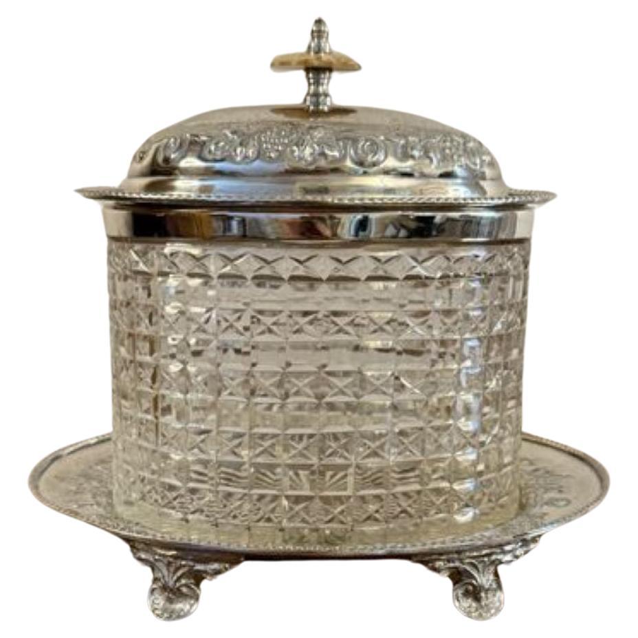 Wonderful quality antique Edwardian cut glass silver plated biscuit barrel  For Sale