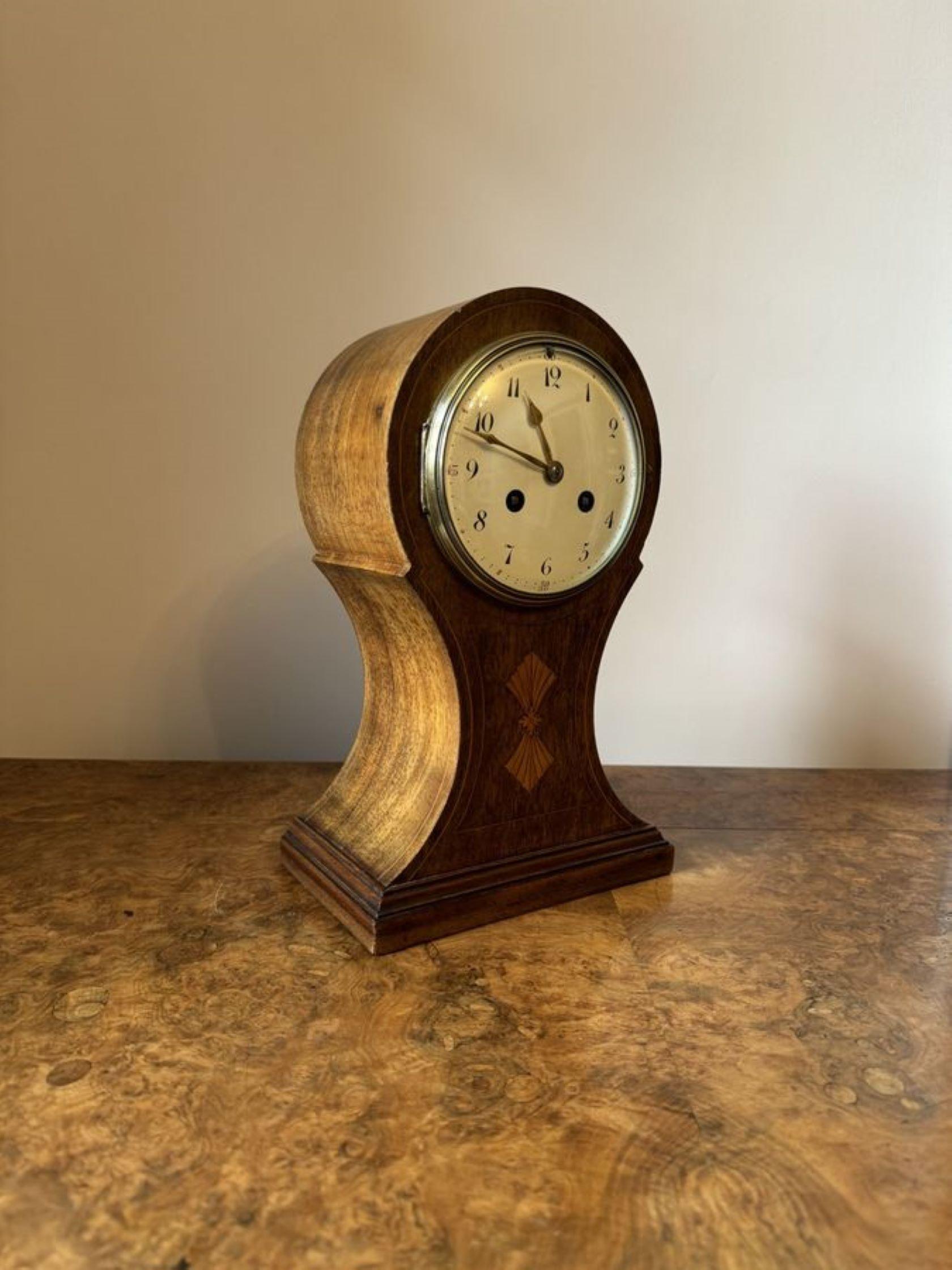 Wonderful quality antique Edwardian mahogany inlaid balloon shaped mantle clock, having a quality mahogany satinwood inlaid balloon shaped case with a white enamel dial and Arabic numerals. 

D. 1900