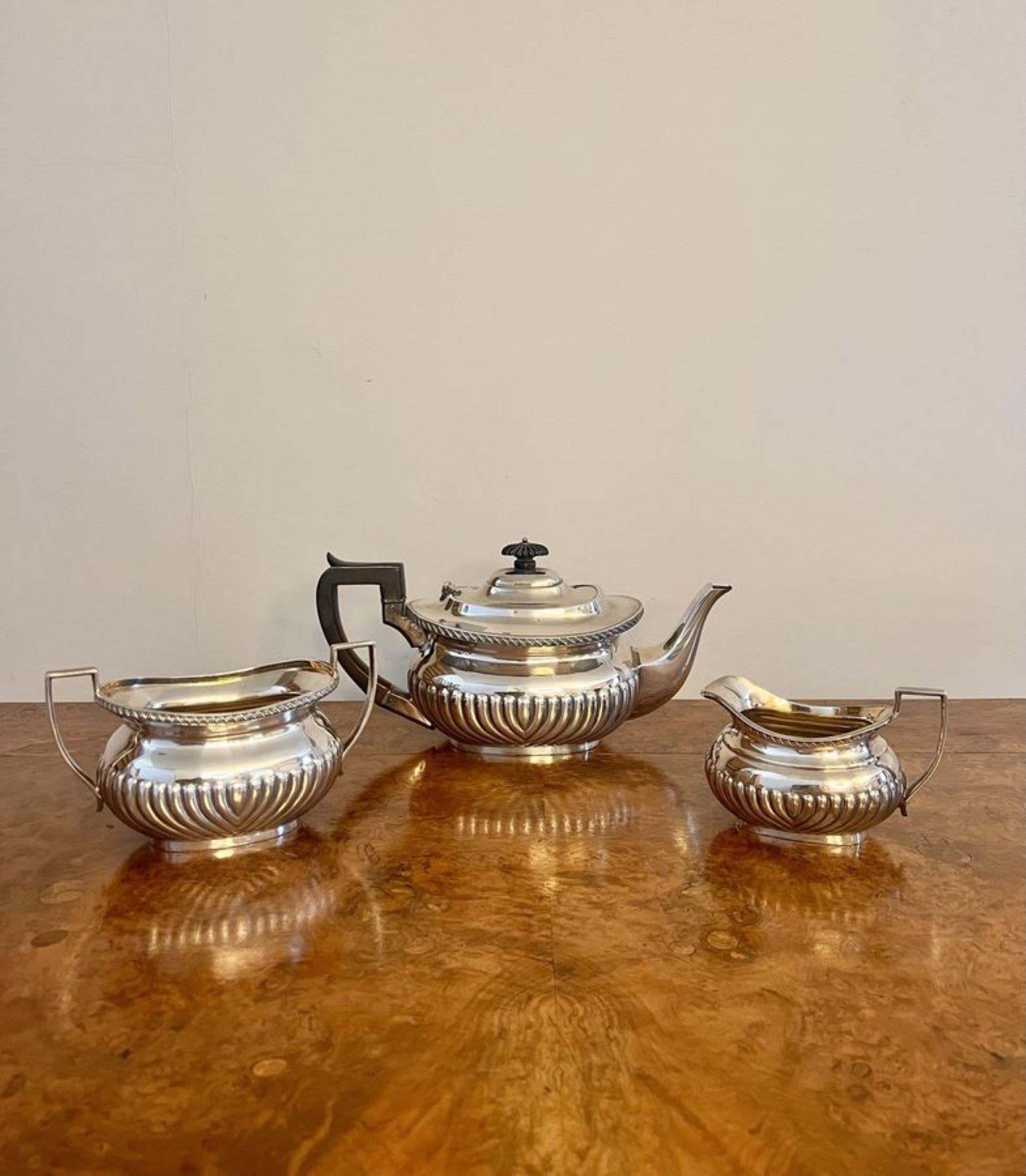 Wonderful quality antique Edwardian three piece tea set having a quality antique Edwardian silver plated three piece tea set consisting of a tea pot, sugar bowl and milk jug. 

D. 1900