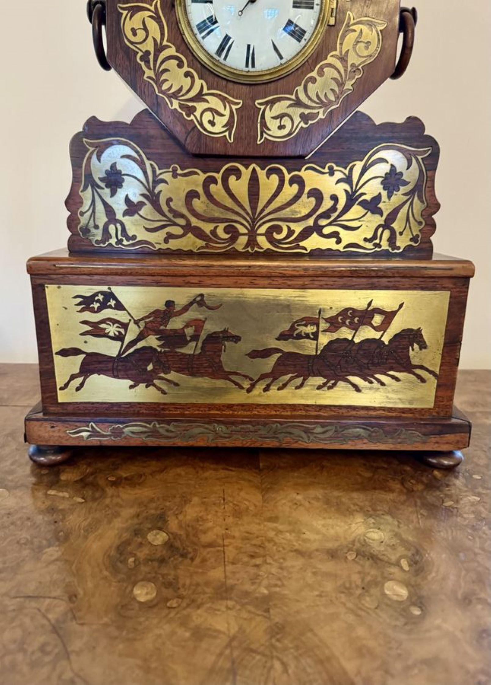 19th Century Wonderful quality antique Regency rosewood brass inlaid mantle clock For Sale