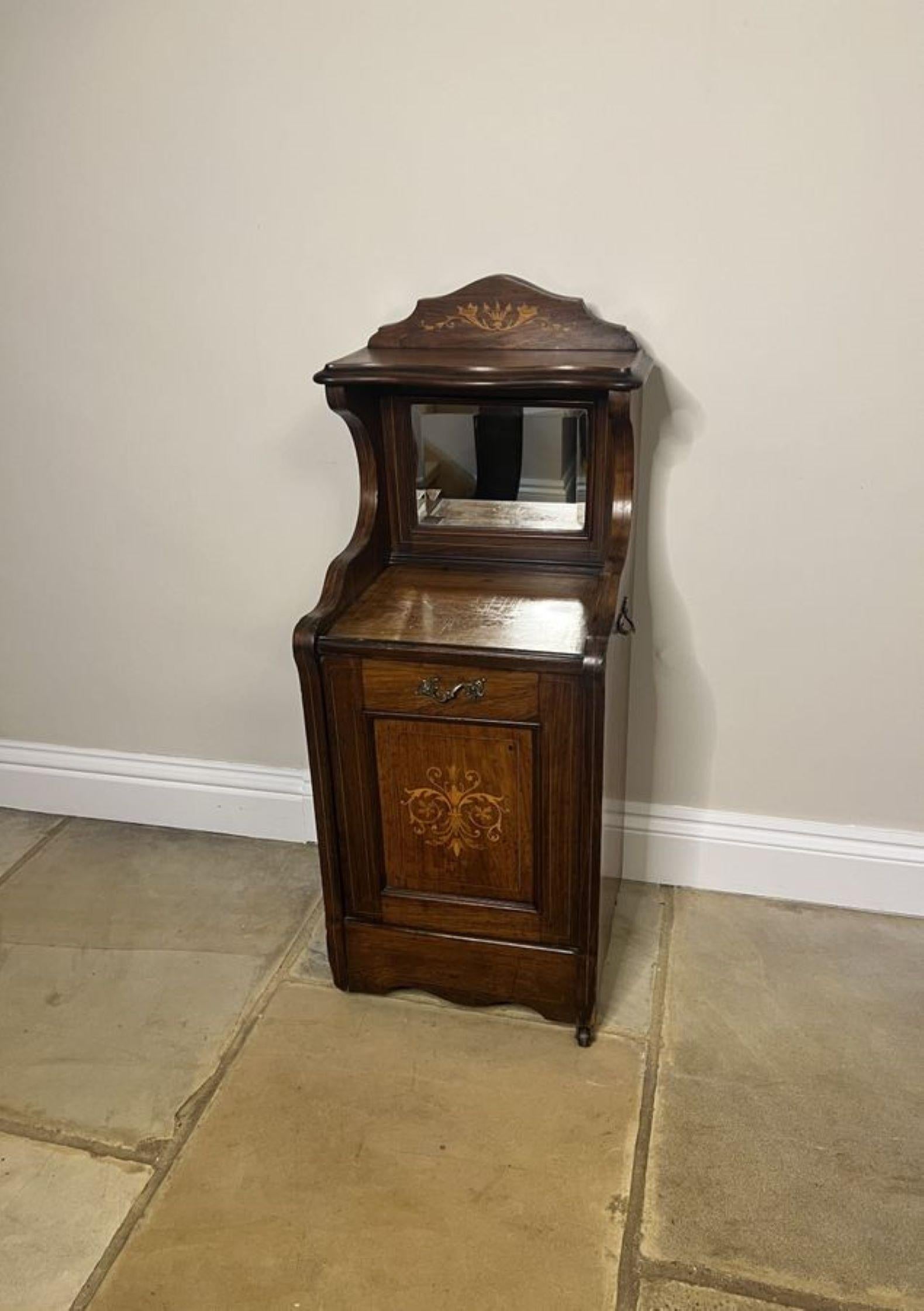 Wonderful quality antique Victorian inlaid rosewood coal box, having a quality shaped inlaid top above a bevelled edge mirror, below having a pull down inlaid coal box opening to reveal a storage compartment for coal with the original tin liner,