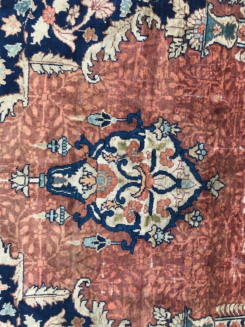 Very beautiful and fine late 19th century silk prayer rug, with a beautiful mihrab design and natural colors with orange, blue, yellow, green and purple, entirely and finely hand knotted with silk velvet on cotton foundation, some damages at