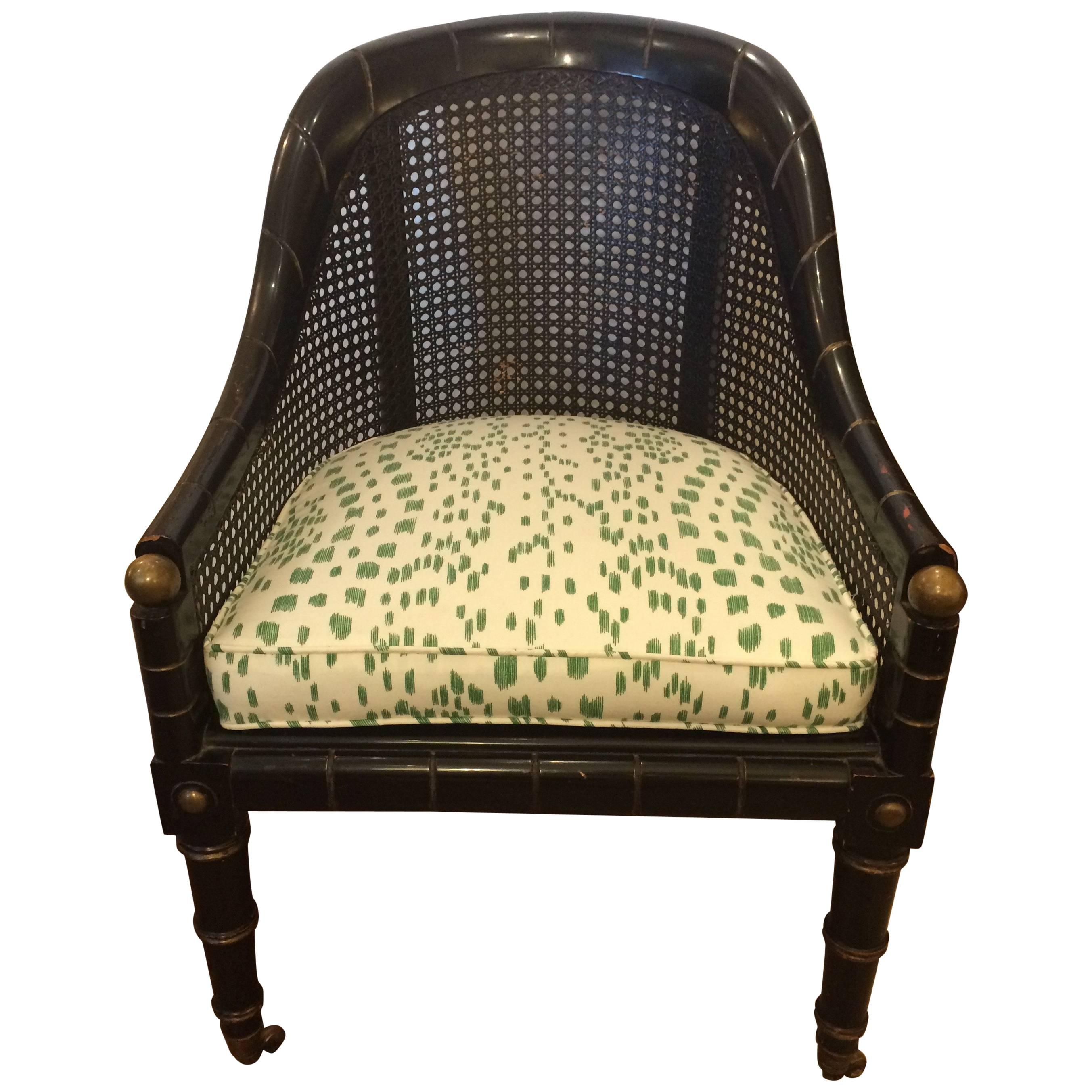 Wonderful Rare Club Chair with Ebonized Faux Bamboo Frame and Caning