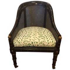 Wonderful Rare Club Chair with Ebonized Faux Bamboo Frame and Caning