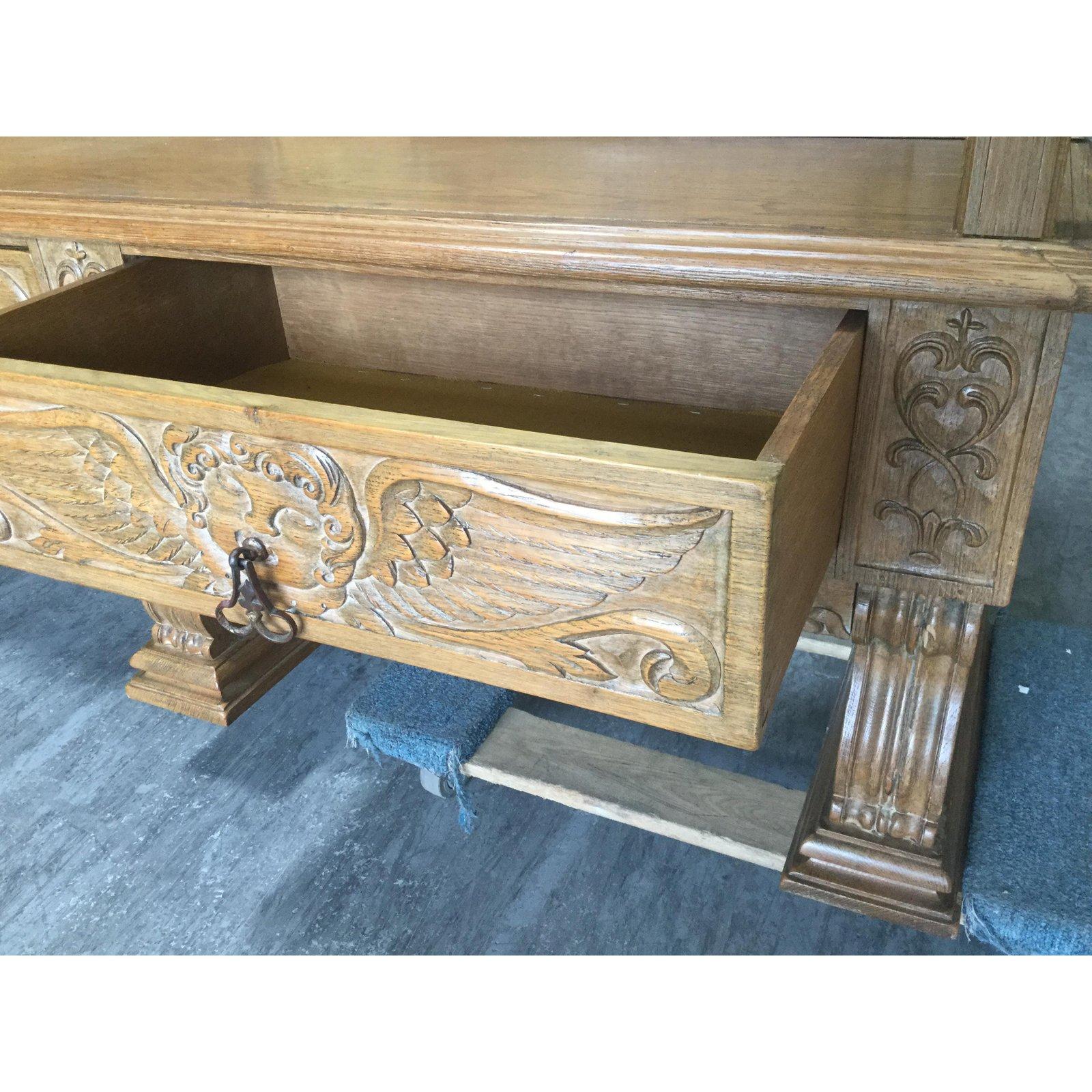 Wonderful Rare Large French Oak and Leather Bench with Drawers 6