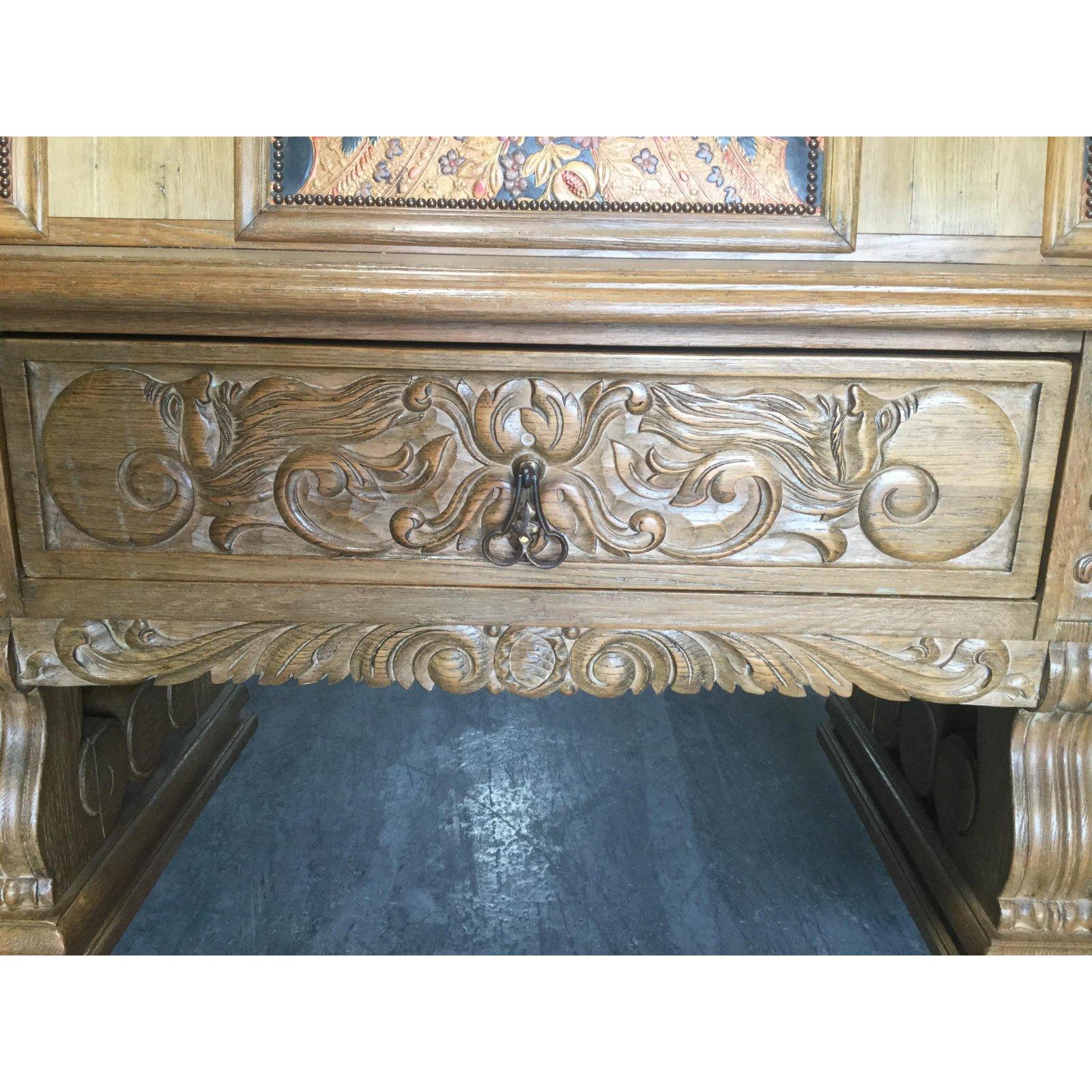 Wonderful Rare Large French Oak and Leather Bench with Drawers In Excellent Condition In Hopewell, NJ
