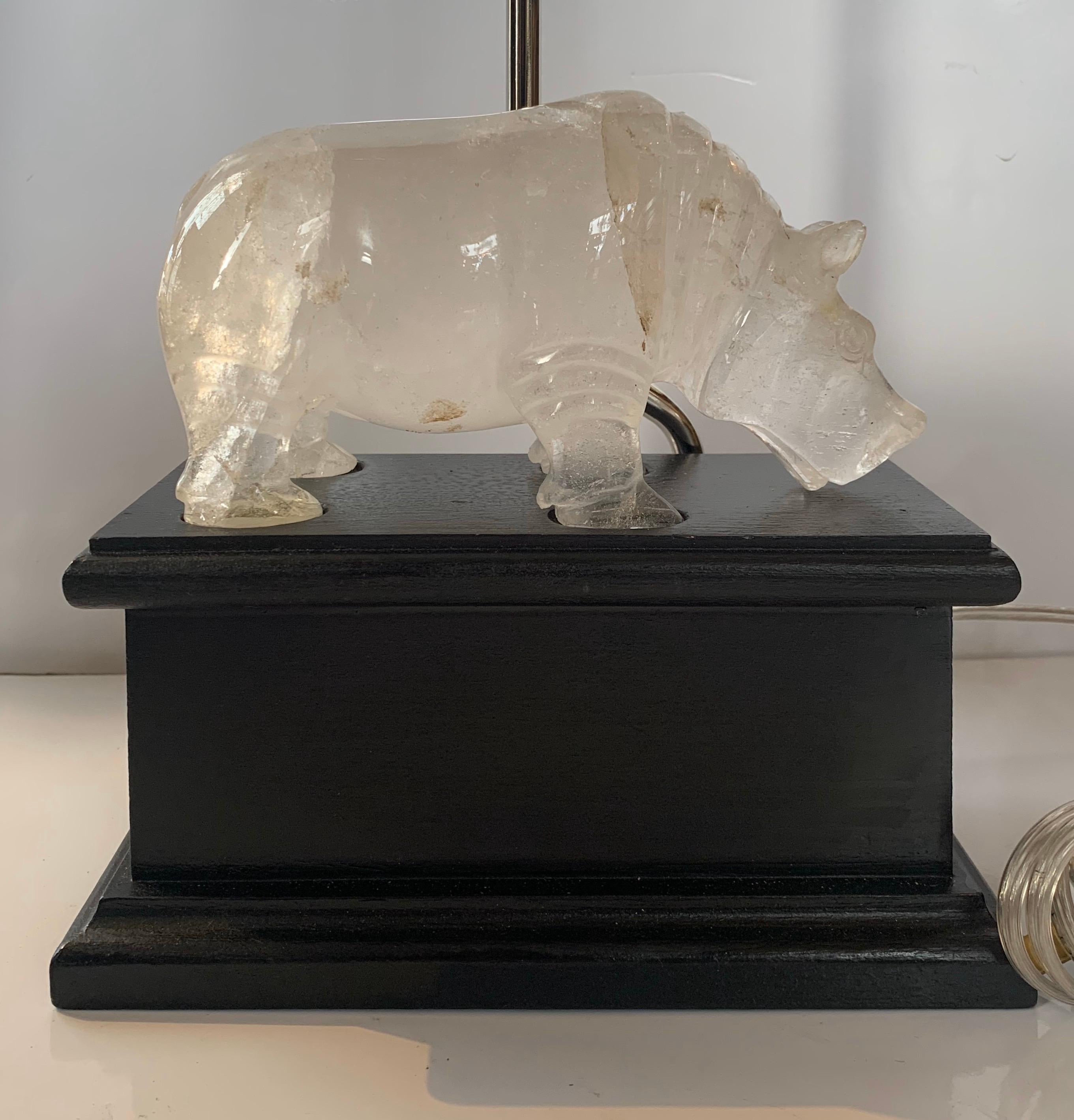 Mid-Century Modern Wonderful Rare Rock Crystal Hippopotamus Figure Table Lamps Manner Baguès, Pair For Sale