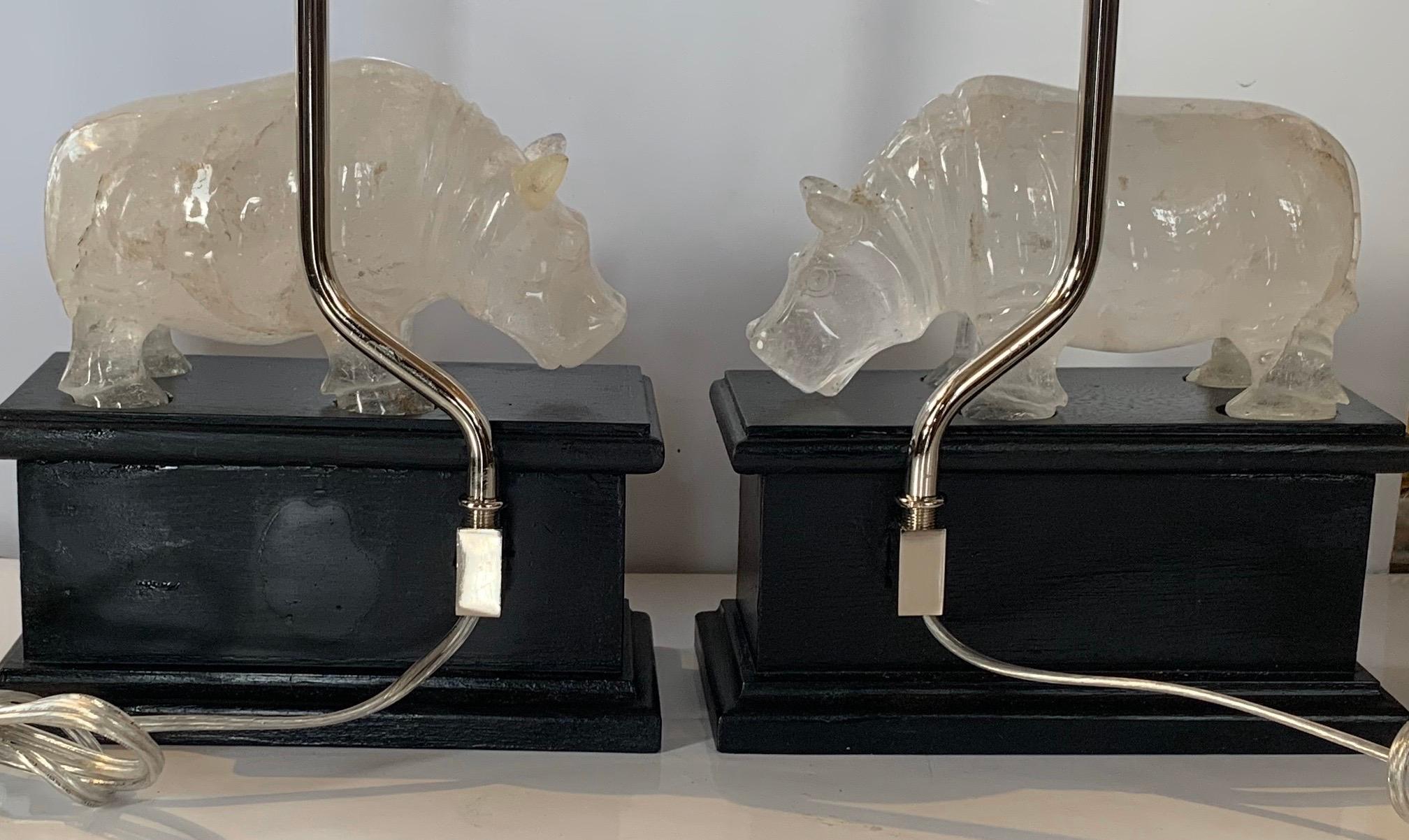 Italian Wonderful Rare Rock Crystal Hippopotamus Figure Table Lamps Manner Baguès, Pair For Sale