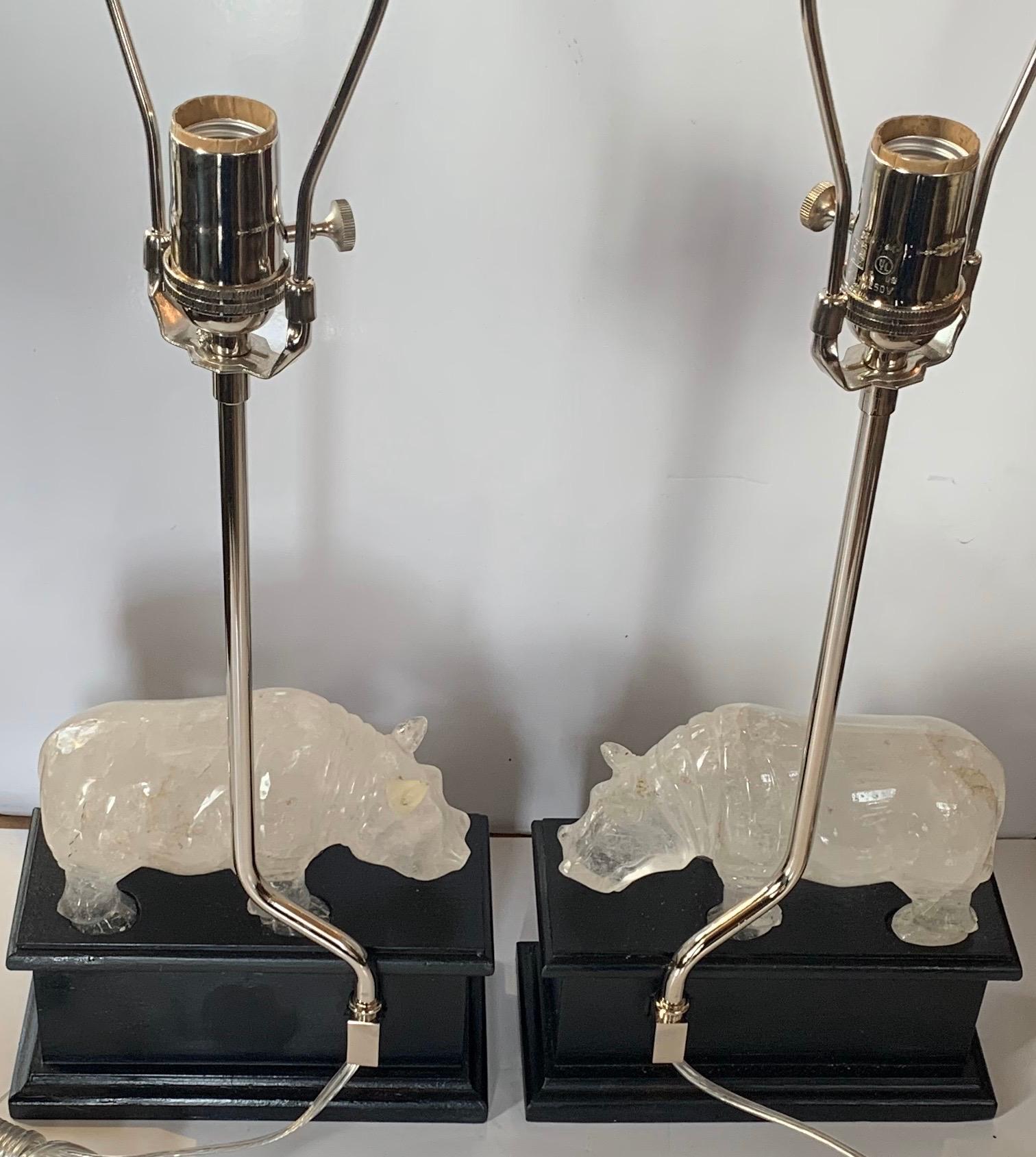 Polished Wonderful Rare Rock Crystal Hippopotamus Figure Table Lamps Manner Baguès, Pair For Sale